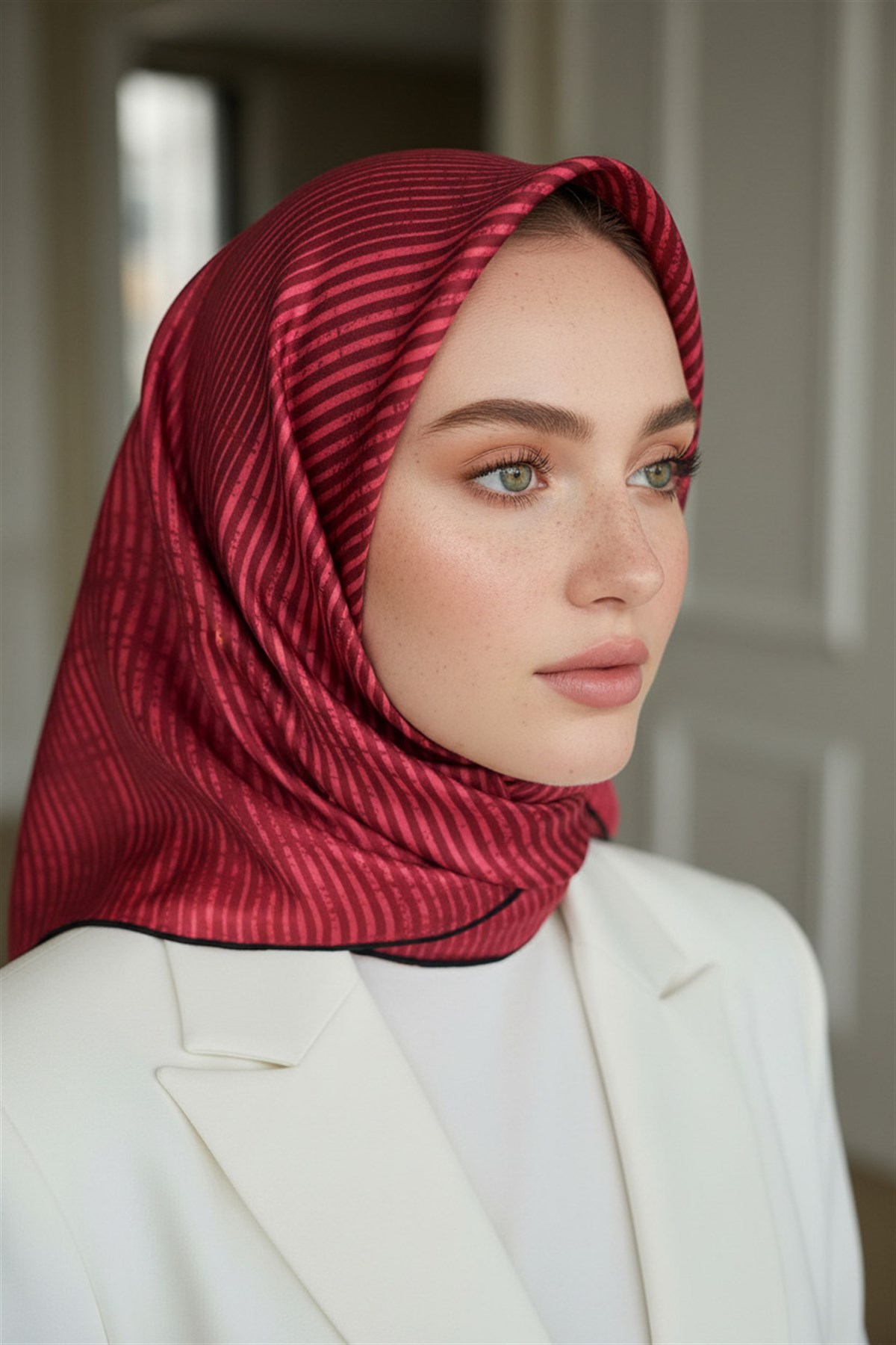 100% Twill İpek Geometrik Desenli Kırmızı Renkli 90x90 Dikim Şekli : El Dikişi Eşarp