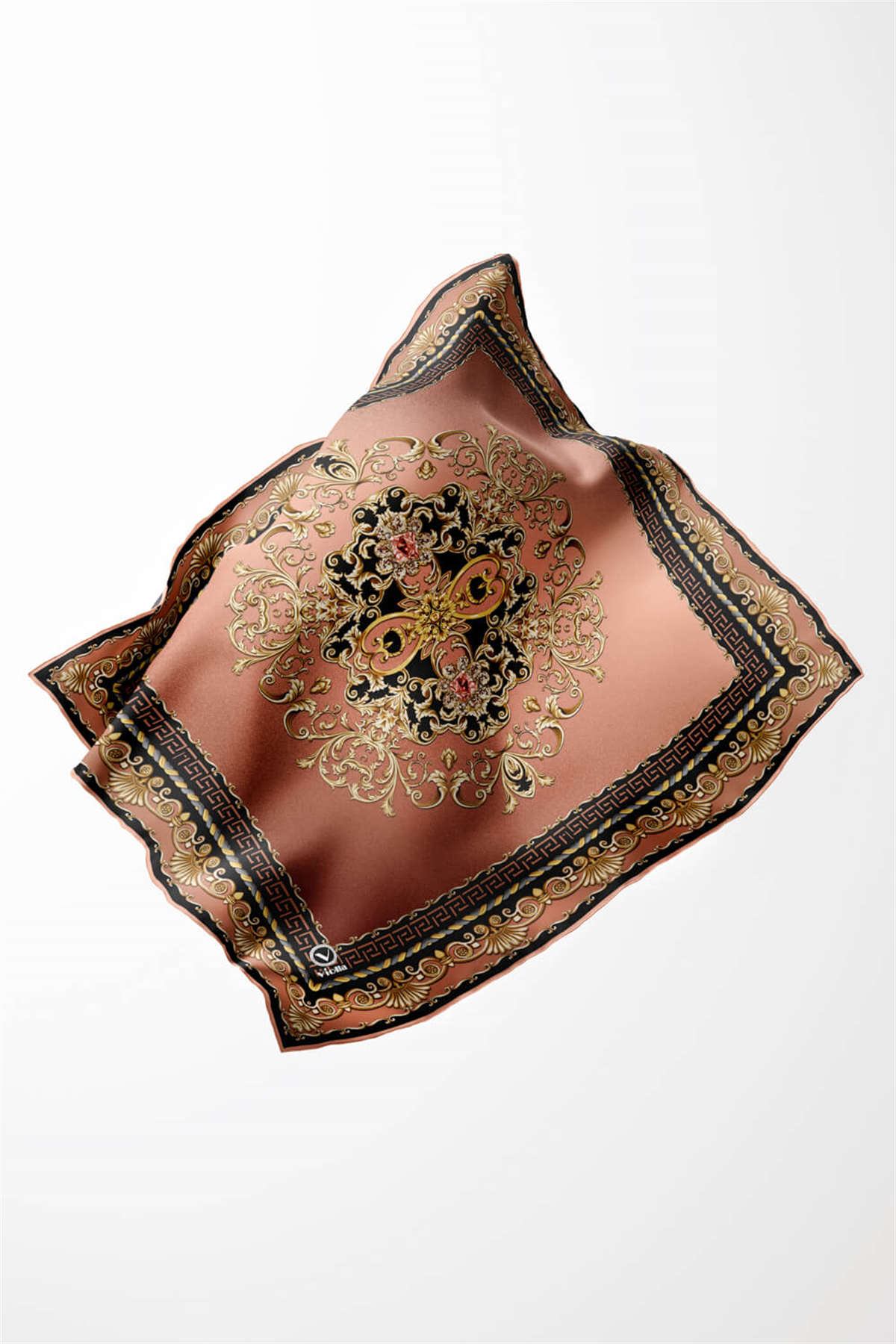 Twill Barok Desenli Taba Renkli 90x90 Eşarp (İpek İçermez) Dikim Şekli : El Dikişi