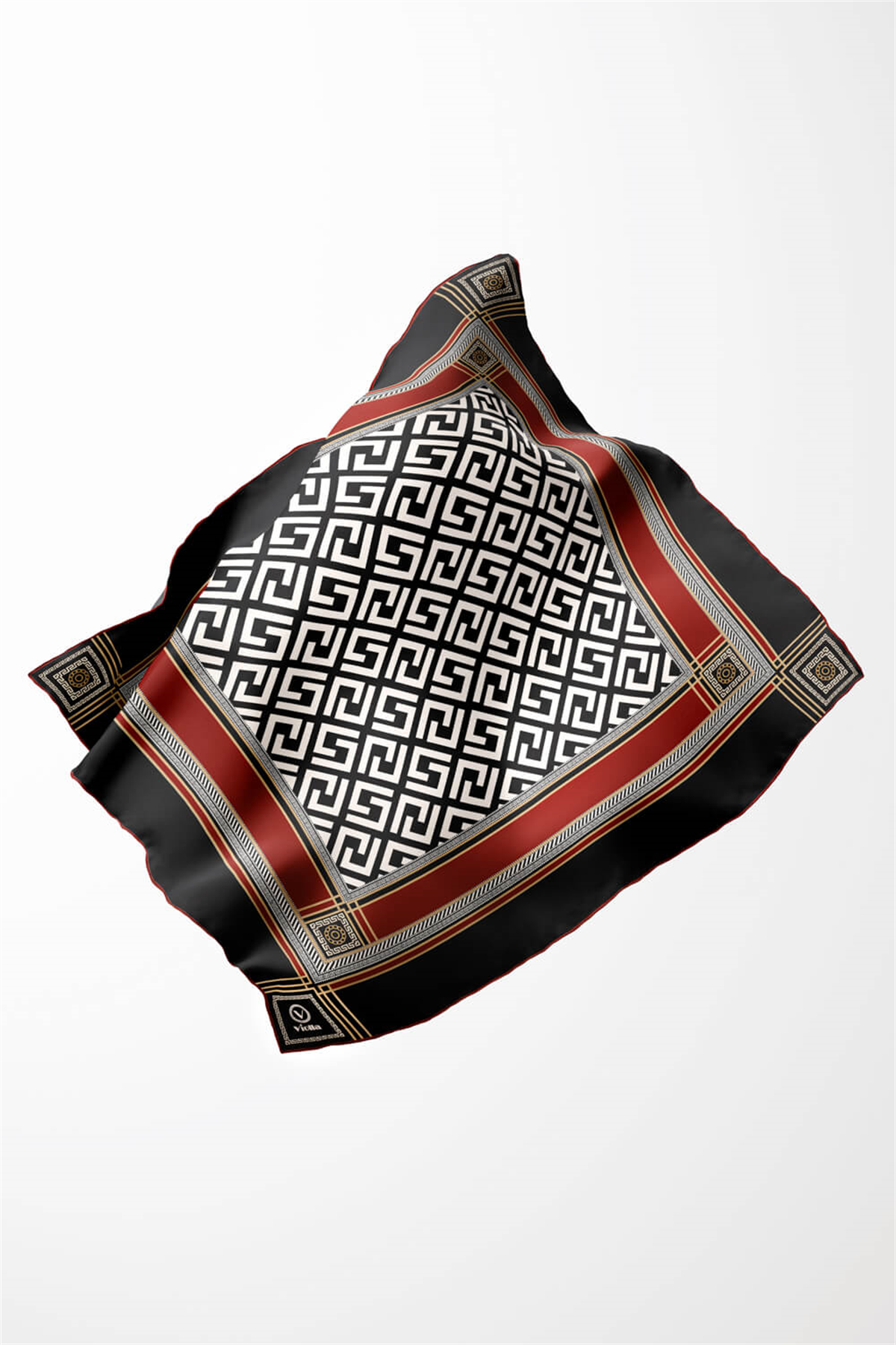 Twill Antik Desenli Bordo Renkli 90x90 Eşarp (İpek İçermez) Kenar Dikiş Şekli El Dikişli