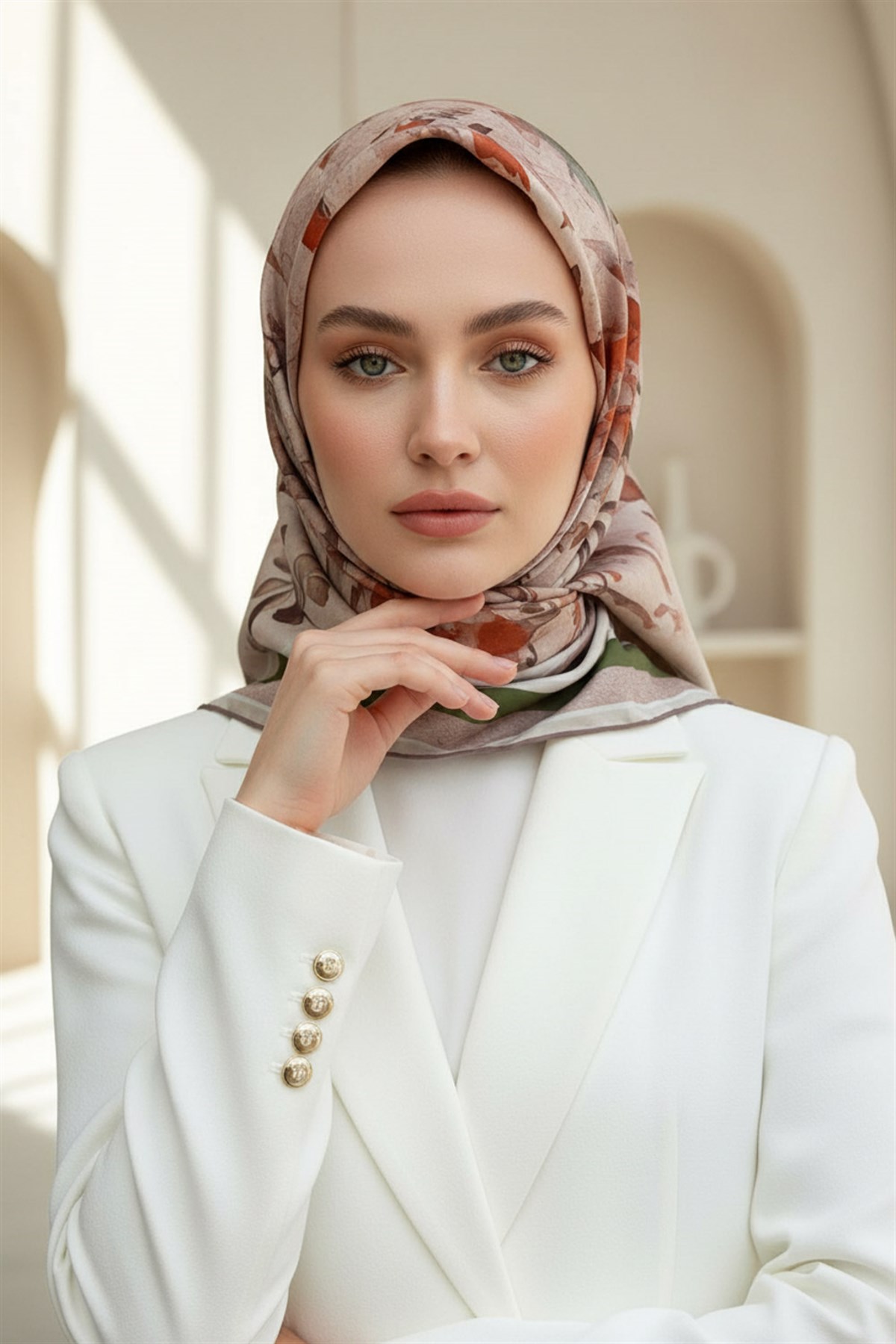 %100 Twill İpek Bahar Çiçekleri Desenli Narçiçeği - Haki Renkli 90x90 Eşarp Dikim Şekli : El Dikişi