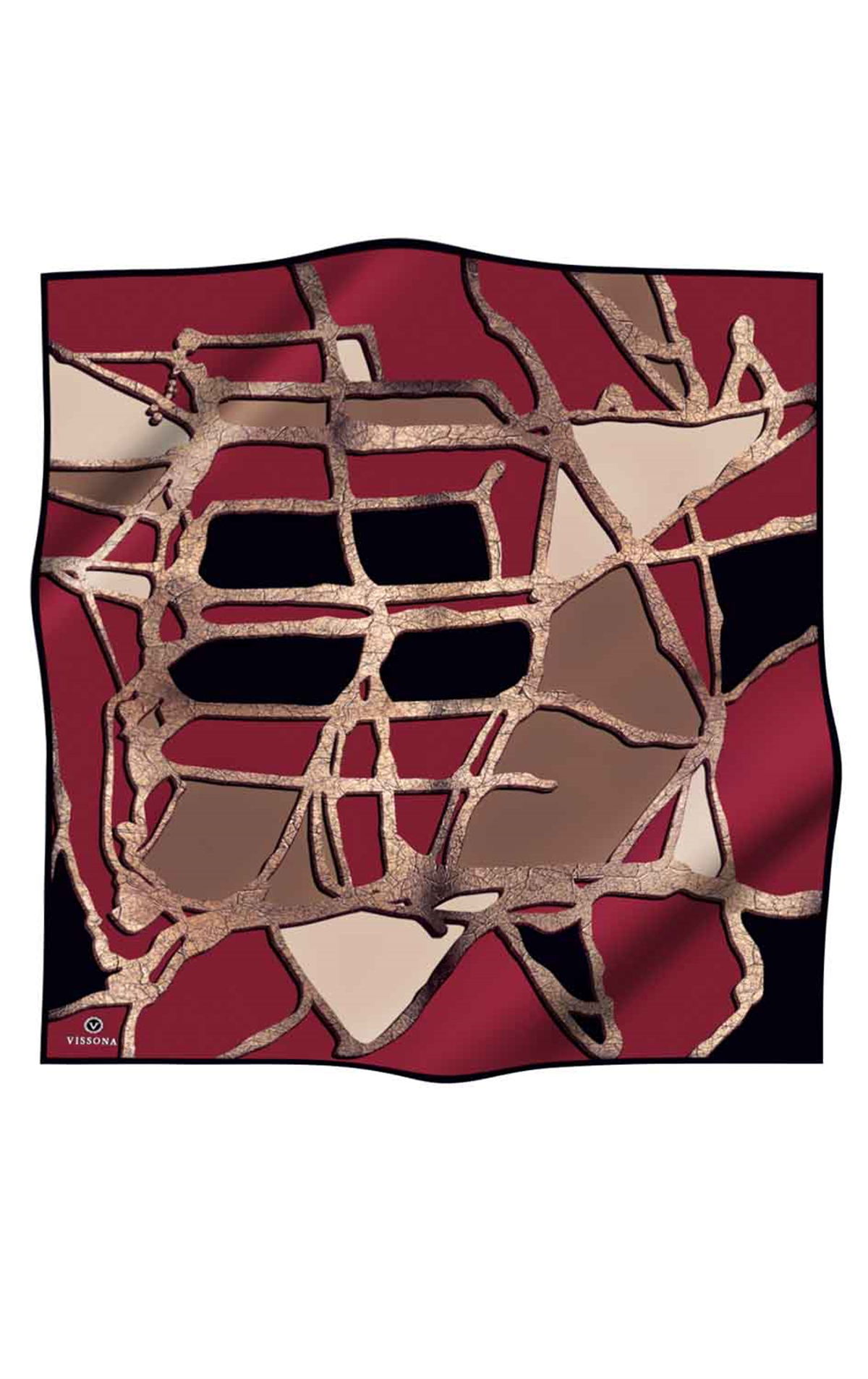 % 57 İPEK % 43 VİSKON Twill İpek Gold Efektli Geometrik Desenli Bordo - Siyah Renkli 90x90 Eşarp Dikim Şekli : El Dikişi