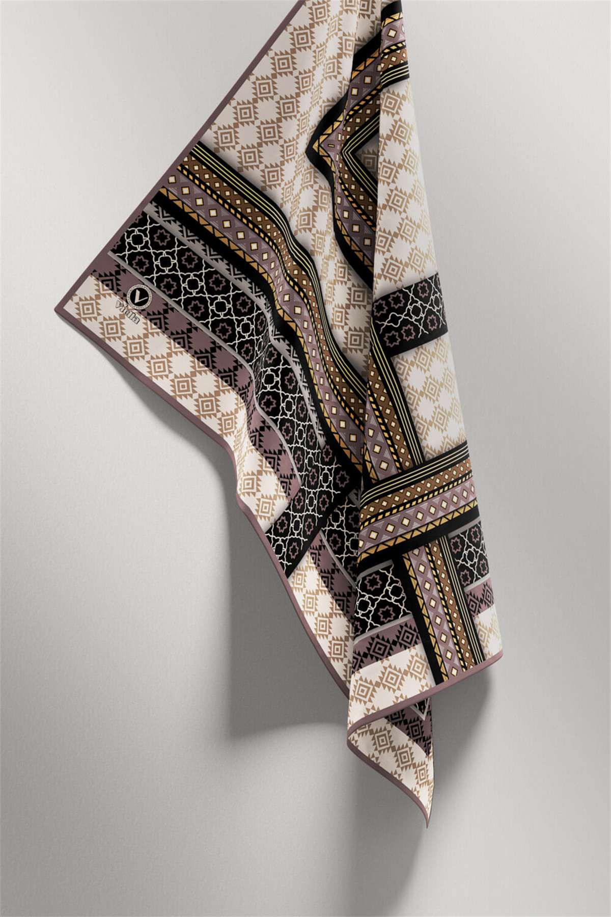 Twill Etnik Desenli Taş Renkli 90x90 Eşarp (İpek İçermez) Kenar Dikiş Şekli El Dikişli