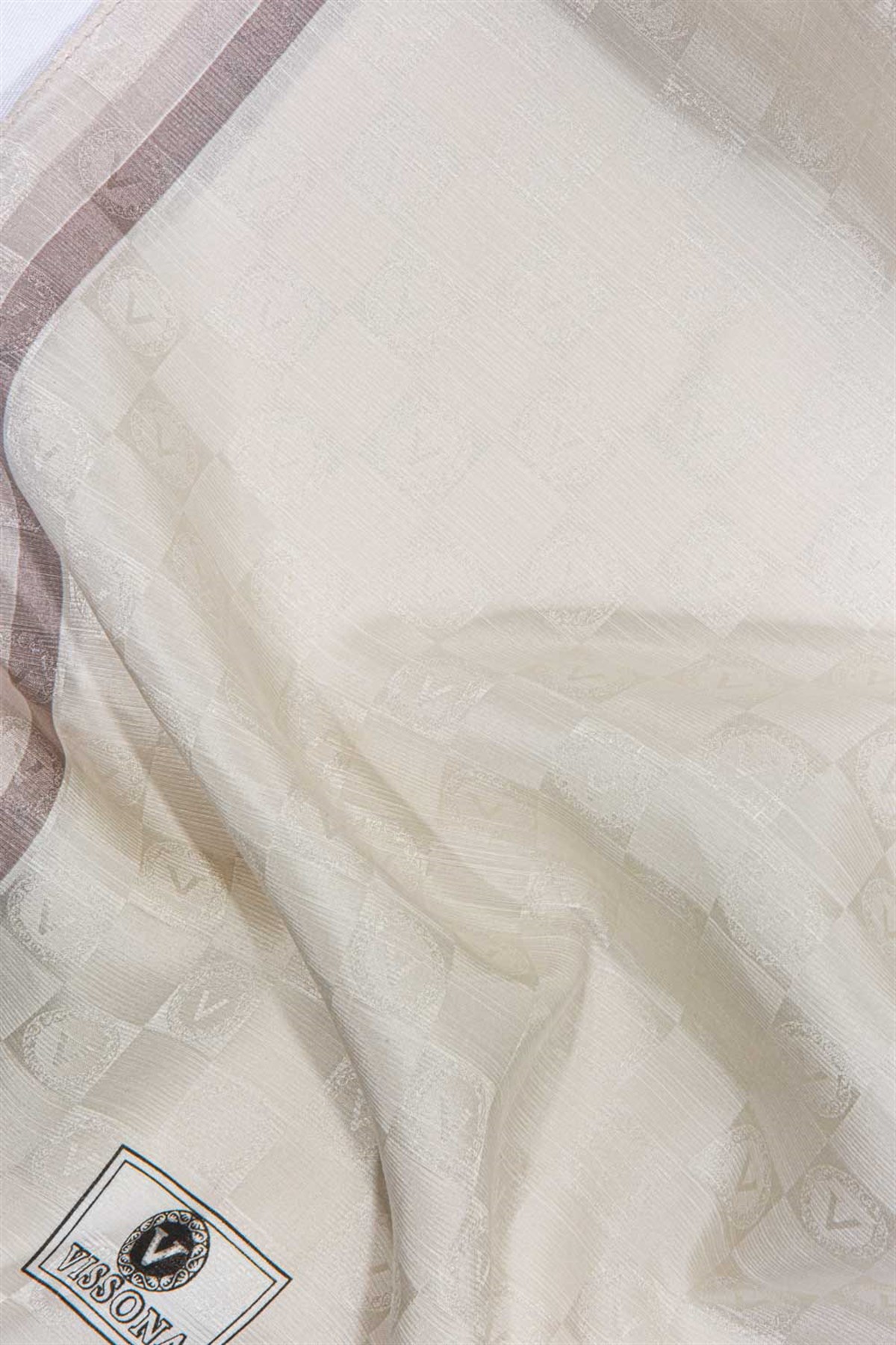 %57 İPEK %43 PAMUK MONOGRAM DESENLİ GÜMÜŞ RENKLİ 70X190 ŞAL