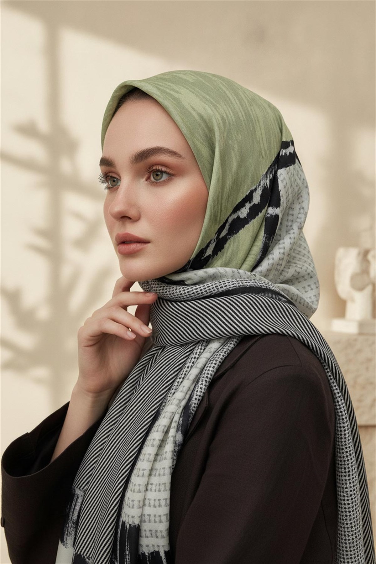 %100 Saf İpek Şal İnce Saten Vual Dokuma Patchwork Desenli Siyah - Fıstık Yeşili Renkli 90x210 Şal