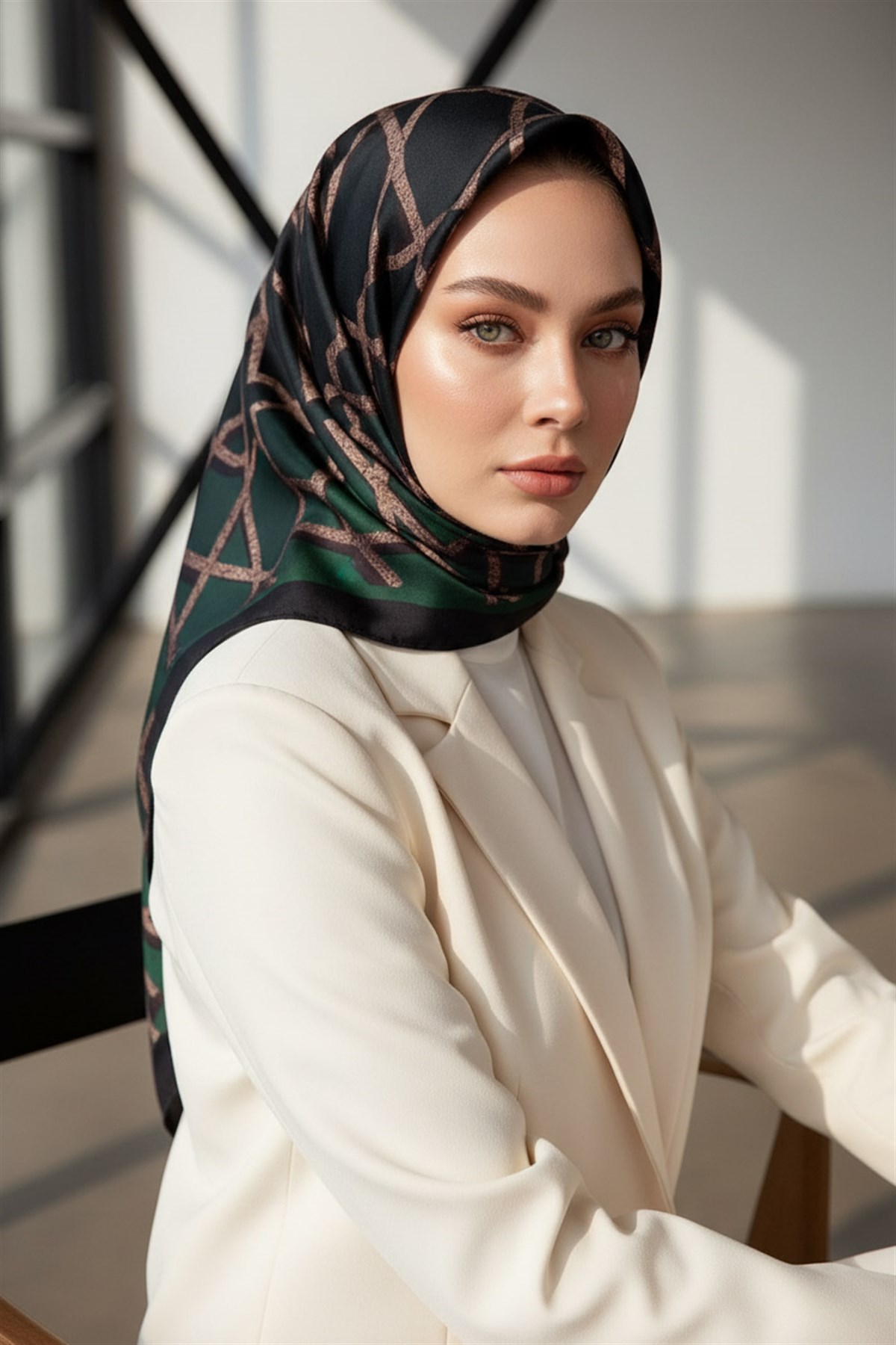 %100 Twill Türk Motifi  Desenli Zümrüt Yeşili Renkli 90x90 Eşarp Dikim Şekli: El Dikişi