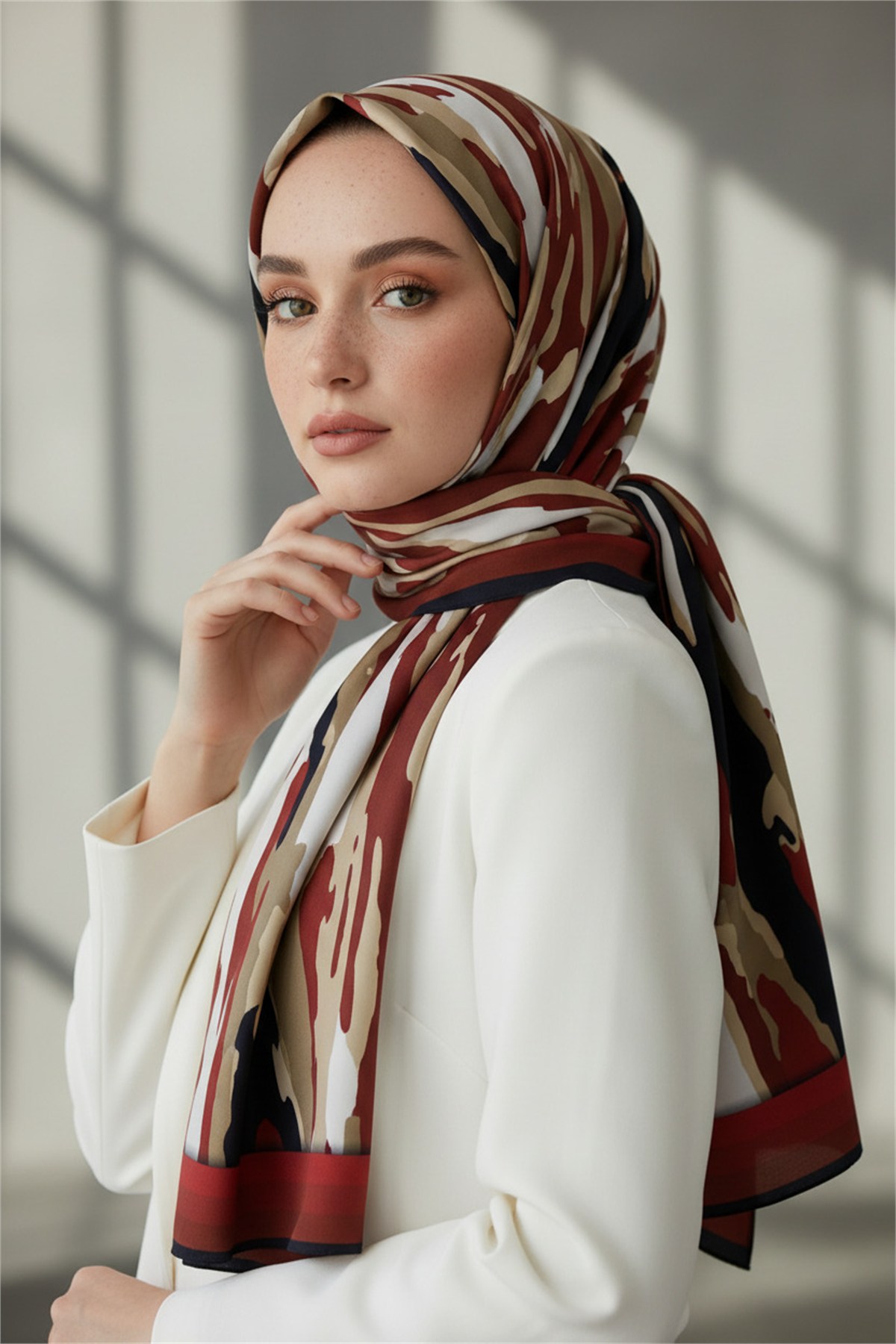 KREP GEOMETRİK DESENLİ BORDO RENKLİ 75X195 KIRIŞMAZ ŞAL
