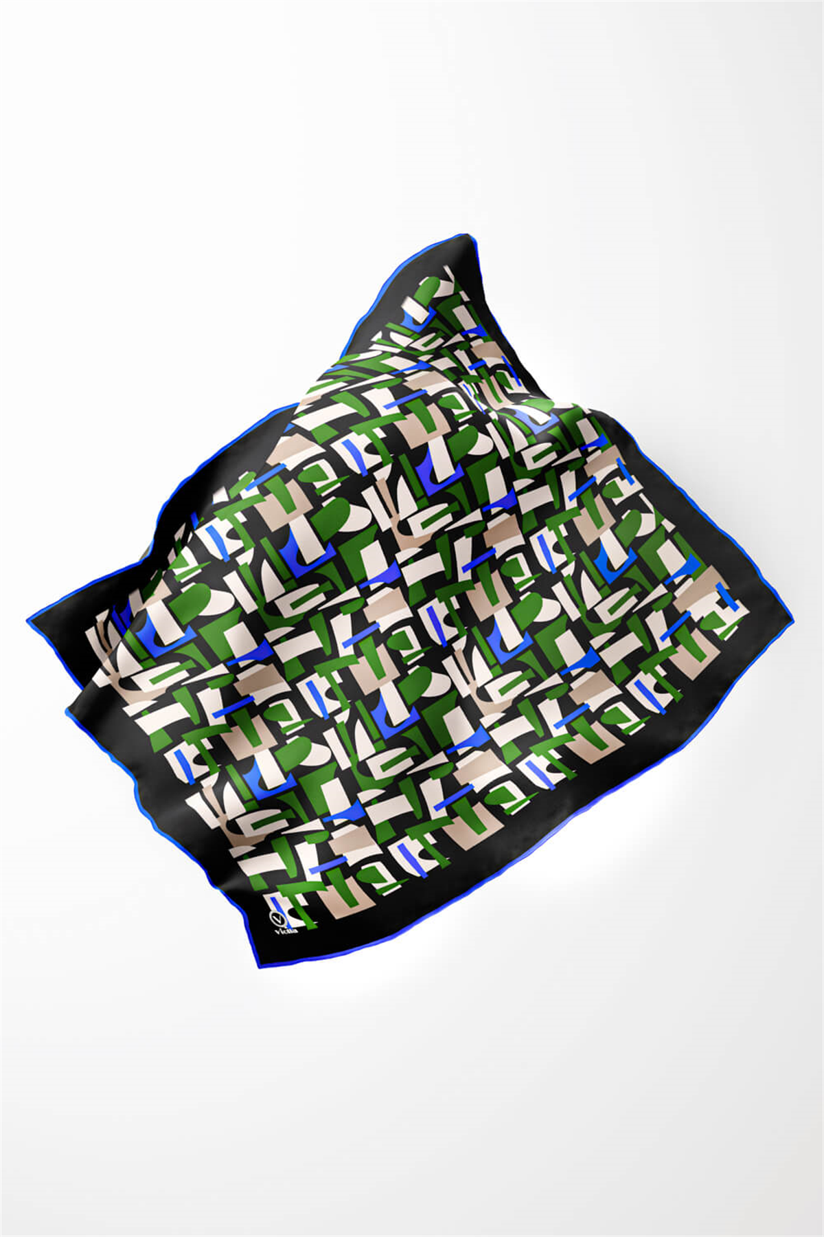 Twill Geometrik Desenli Zümrüt Yeşili - Saks Renkli 90x90 Eşarp (İpek İçermez) Dikim Şekli : El Dikişi