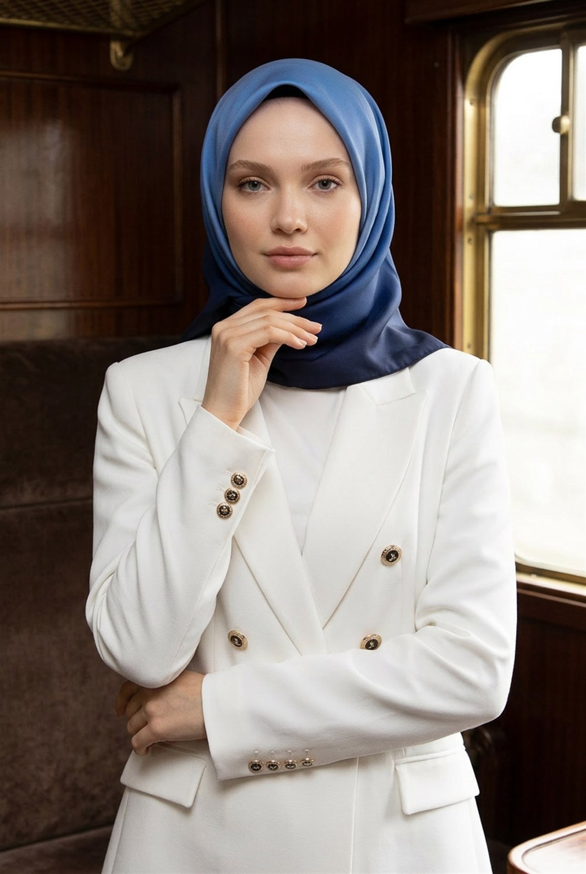 % 57 İPEK % 43 VİSKON Twill İpek Degrade Desenli Lacivert - Buz Mavisi Renkli 90x90 Eşarp Dikim Şekli : El Dikişi