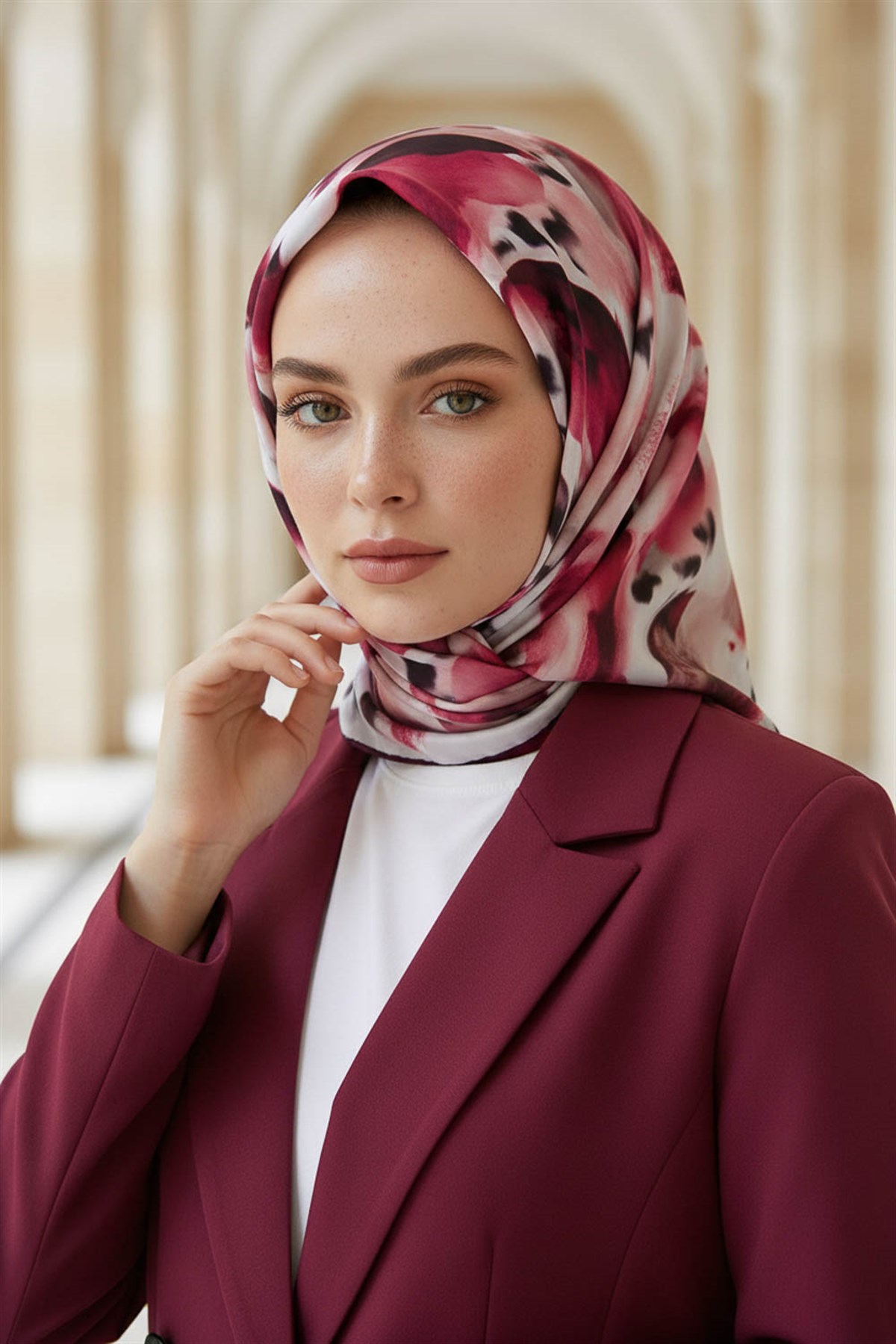 %100 Twill İpek Batik Desenli Bordo - Gri Renkli 90x90 Eşarp Dikim Şekli : El Dikişi