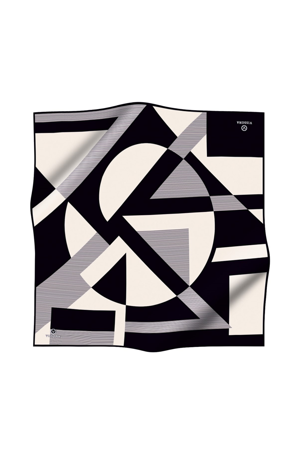%100 Twill İpek Geometrik Çizgi Desenli Siyah - Krem Renkli 90x90 Eşarp Kenar Dikiş Şekli El Dikişli