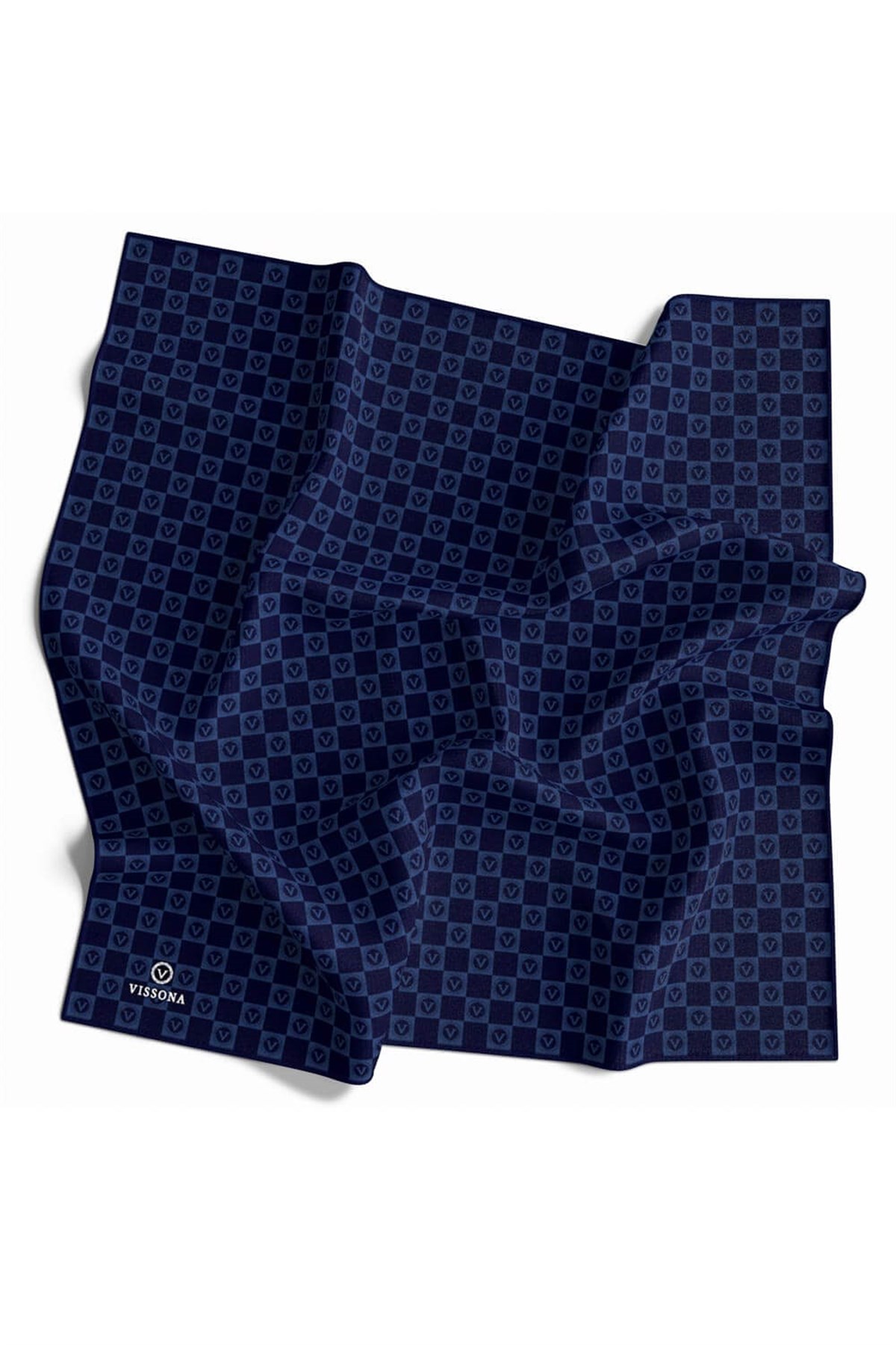 %100 Twill İpek Monogram Desenli Lacivert Renkli 90x90 Eşarp Dikim Şekli : El Dikişi