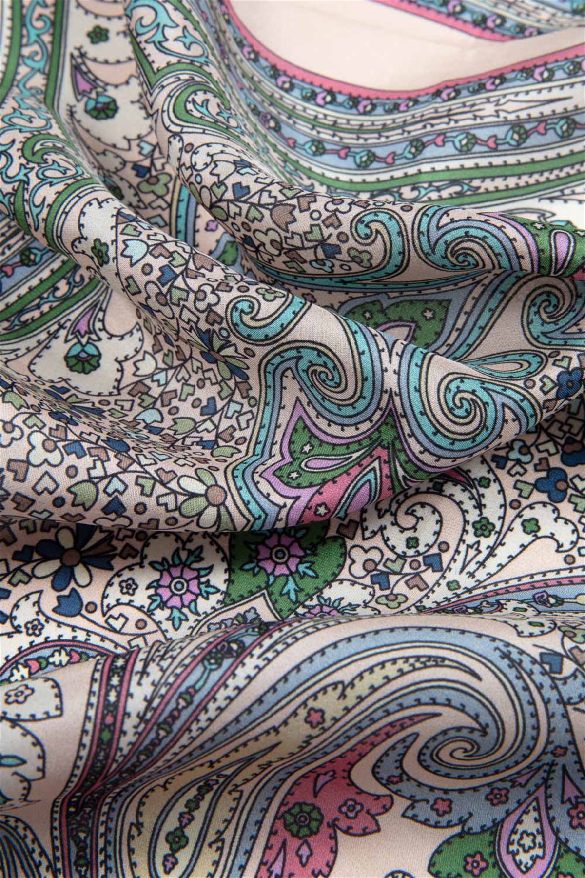 100% İpek Etro Desenli Somon - Petrol Yeşili Renkli 92x210 Şal