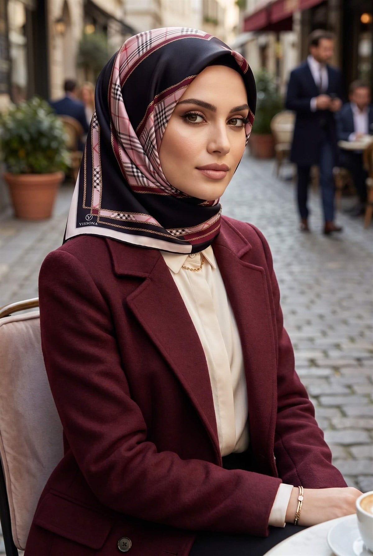 %100 Twill İpek Ekose Desenli Pudra - Şarabi Renkli 90x90 Eşarp Dikim Şekli : El Dikişi