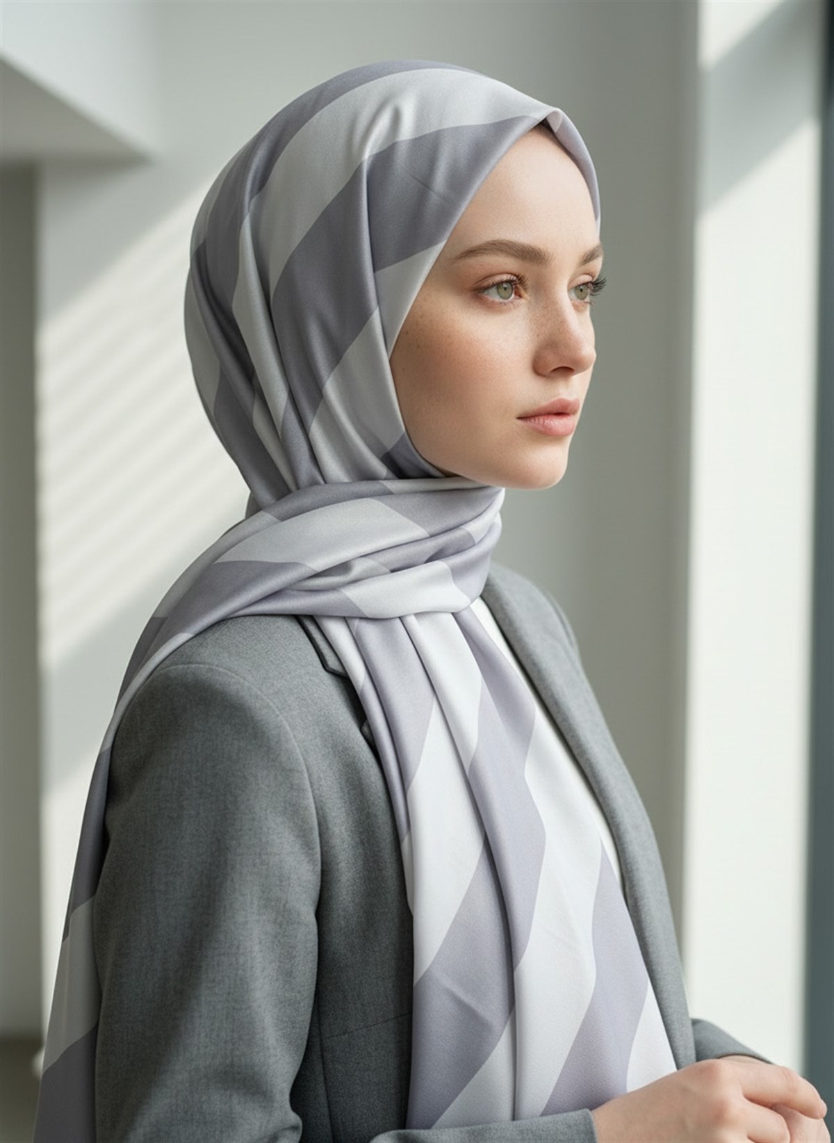 %100 Saf İpek Şal İnce Saten Vual Dokuma Çizgili Desenli Gri - Gümüş Renkli 90x210 Şal