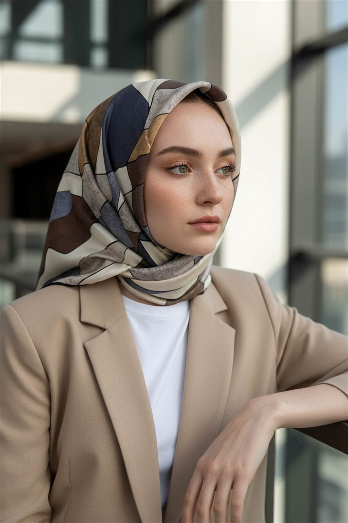 %100 Twill İpek Geometrik Desenli Bej - Gri Renkli 90x90 Eşarp Dikim Şekli : El Dikişi