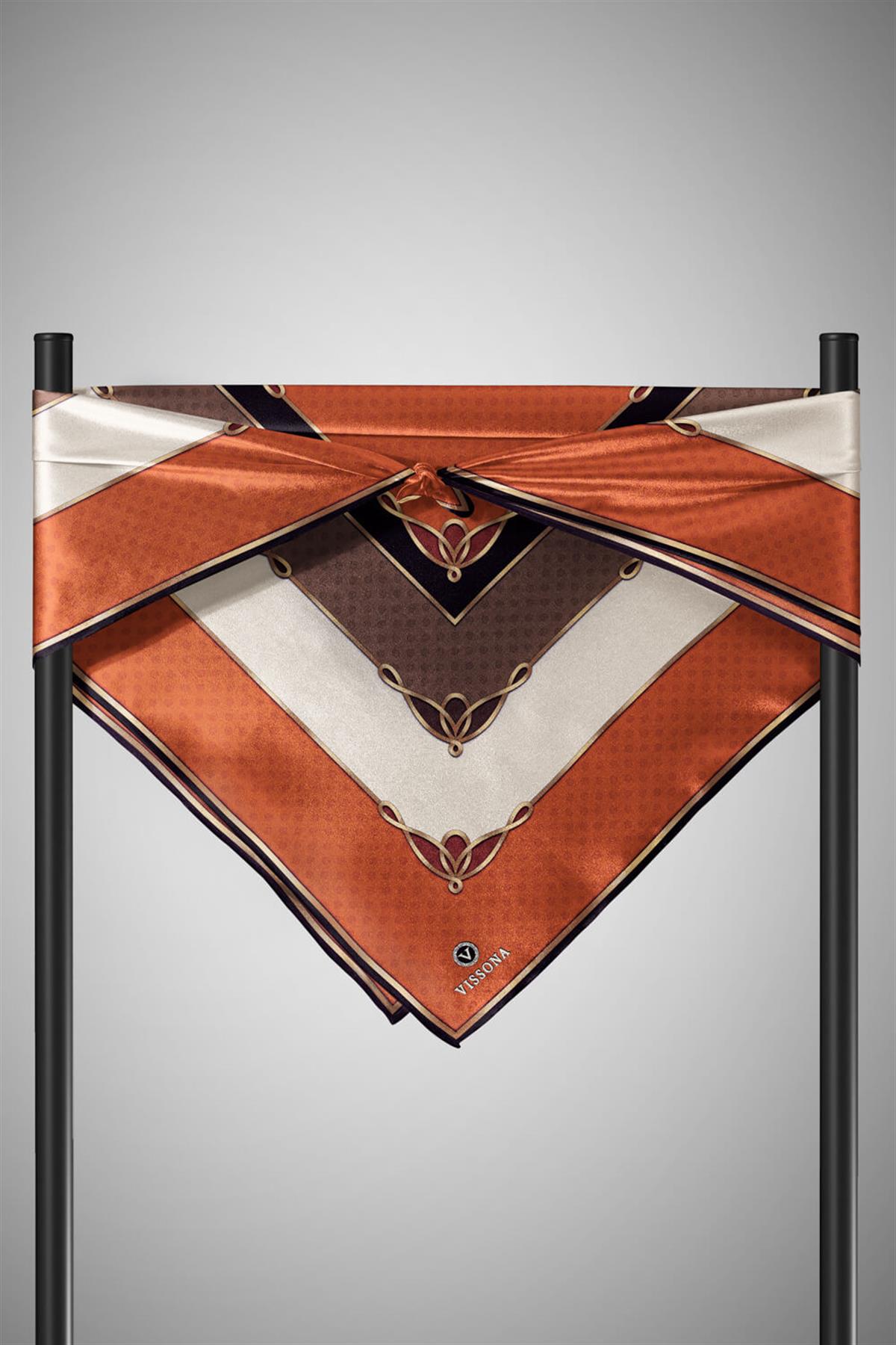 %100 Twill İpek Puantiyeli ve Geometrik Desenli Taba - Vizon Renkli 90x90 Eşarp Dikim Şekli : El Dikişi