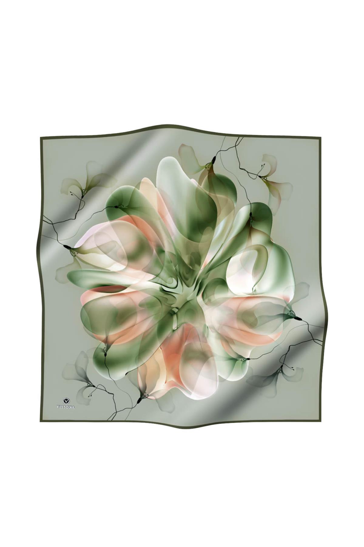 %100 Twill İpek Büyük Çiçek Desenli Haki - Somon Renkli 90x90 Eşarp Dikim Şekli : El Dikişi