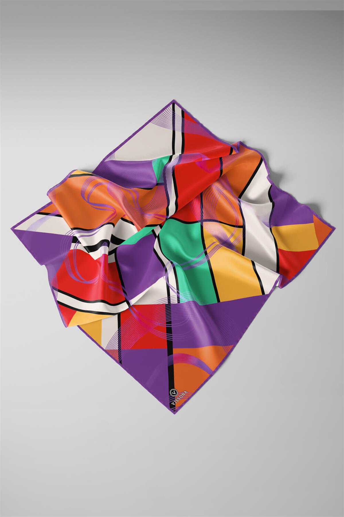 %100 Twill İpek Geometrik Desenli Mor - Kırmızı Renkli 90x90 Eşarp Dikim Şekli : El Dikişi