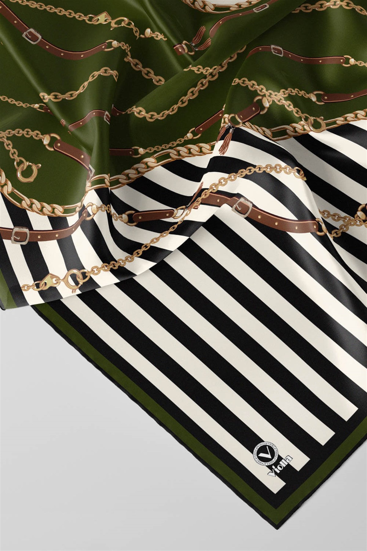 Twill Çizgili Zincir ve Kemer Desenli Haki Yeşili Renkli 90x90 Eşarp (İpek İçermez) Kenar Dikiş Şekli El Dikişli