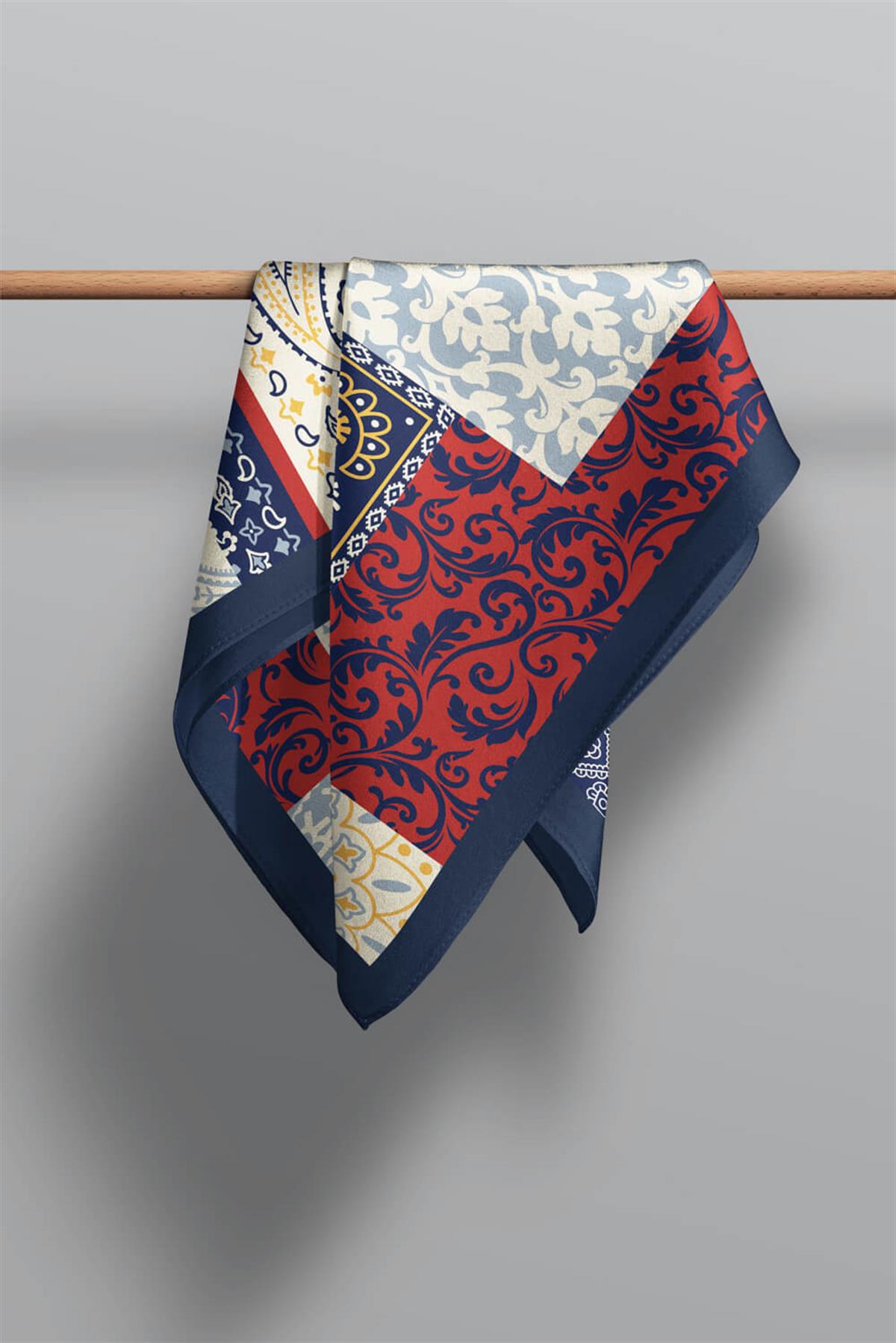 I71 Modabutik Şal Desenli Mavi Kırmızı Fular