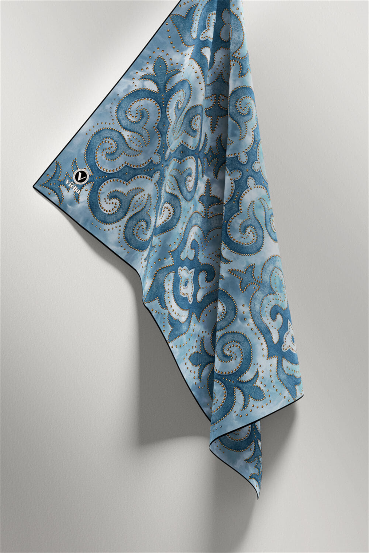 Twill Barok Desenli Petrol Mavisi Renkli 90x90 Eşarp (İpek İçermez) Kenar Dikiş Şekli El Dikişli