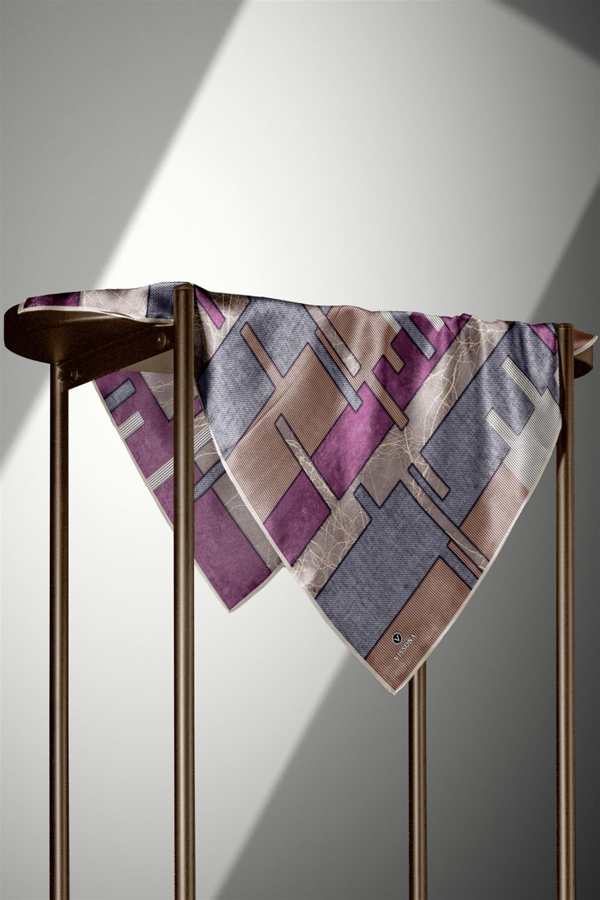 %100 Twill İpek Geometrik Desenli Vizon - Pudra Renkli 90x90 Eşarp Dikim Şekli : El Dikişi