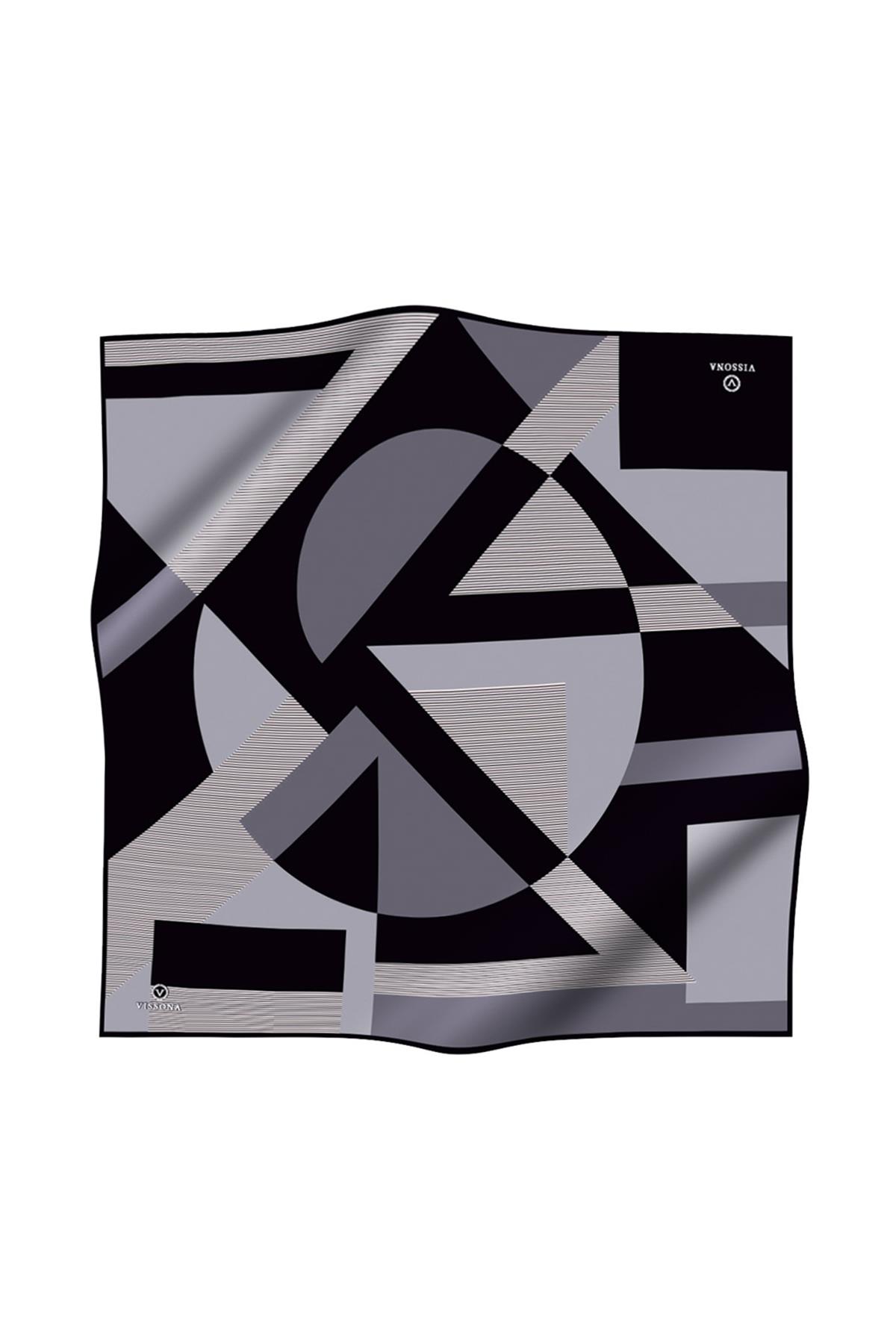 %100 Twill İpek Geometrik Çizgi Desenli Siyah - Gri Renkli 90x90 Eşarp Kenar Dikiş Şekli El Dikişli