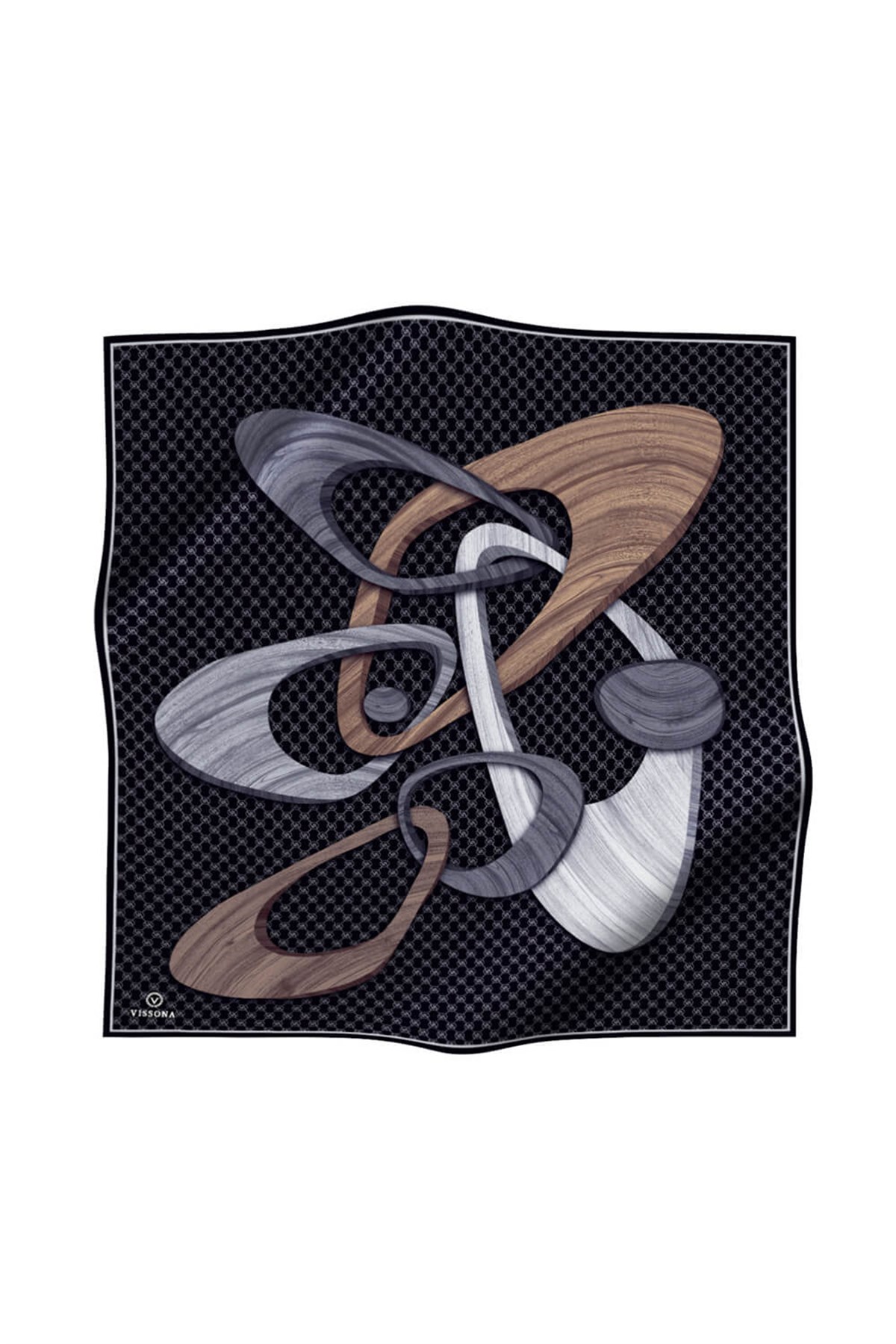 100% Twill Geometrik Halka Desenli Siyah - Gri Renkli 90x90 Dikim Şekli : El Dikişi Eşarp