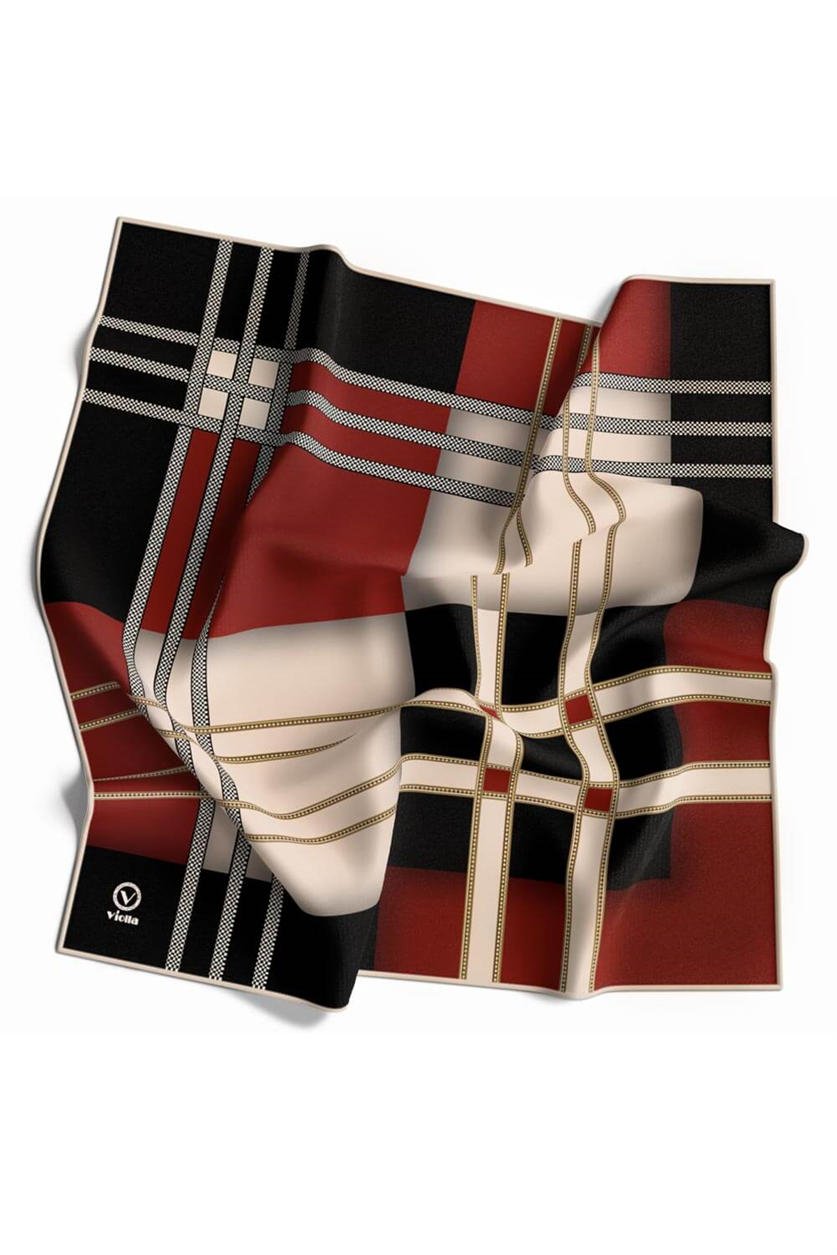 Twill Geometrik Desenli Siyah - Bordo Renkli 90x90 Eşarp (İpek İçermez) Kenar Dikiş Şekli El Dikişli