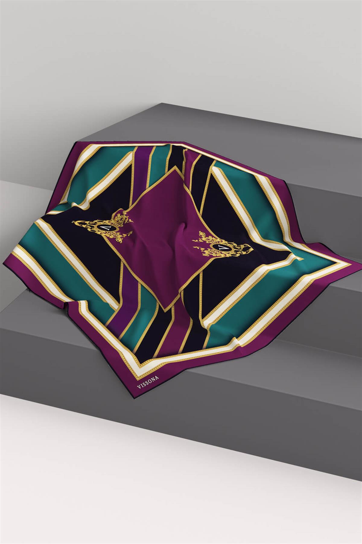 %100 Twill İpek Baroklu Ve Geometrik Desenli Mürdüm - Petrol Yeşili Renkli 90x90 Eşarp Dikim Şekli : El Dikişi