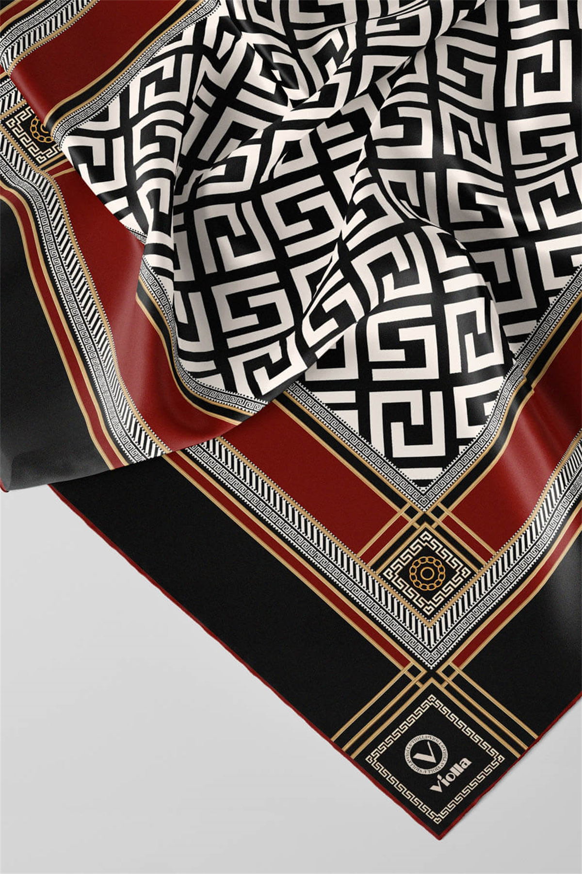 Twill Antik Desenli Bordo Renkli 90x90 Eşarp (İpek İçermez) Kenar Dikiş Şekli El Dikişli