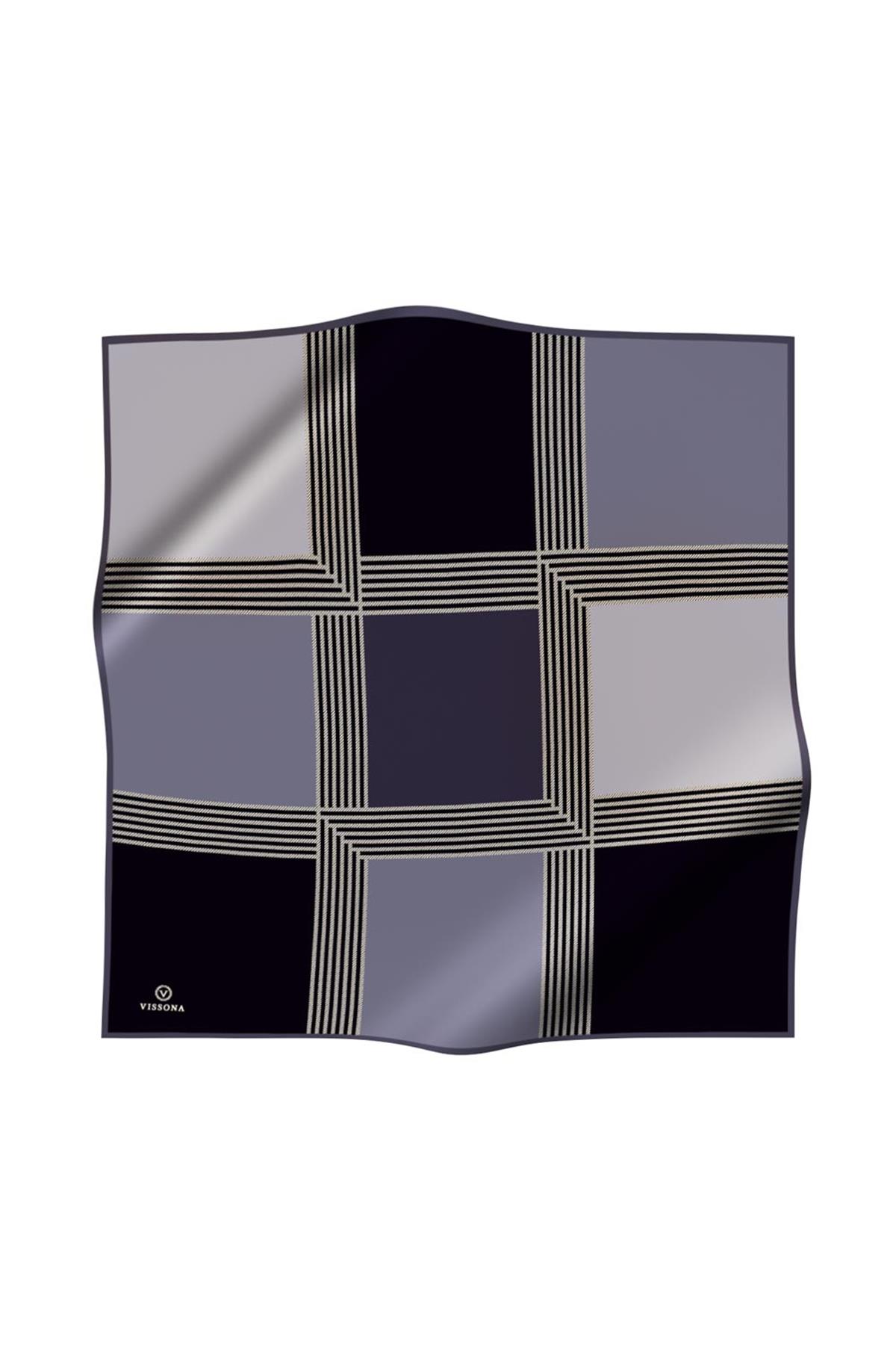 %100 Twill İpek Geometrik Desenli Gri Renkli 90x90 Eşarp Dikim Şekli : El Dikişi