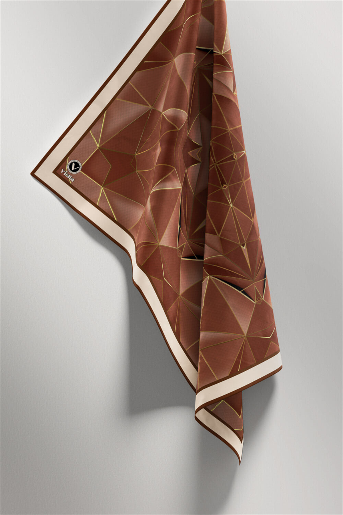 Twill Geometrik Desenli Vizon Renkli 90x90 Eşarp (İpek İçermez) Kenar Dikiş Şekli El Dikişli