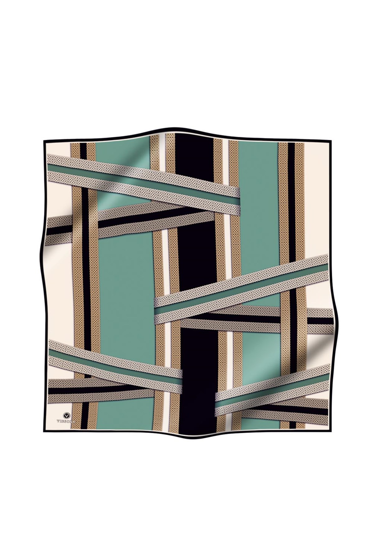 %100 Twill İpek Geometrik Desenli Siyah - Mint Yeşili Renkli 90x90 Eşarp Dikim Şekli : El Dikişi