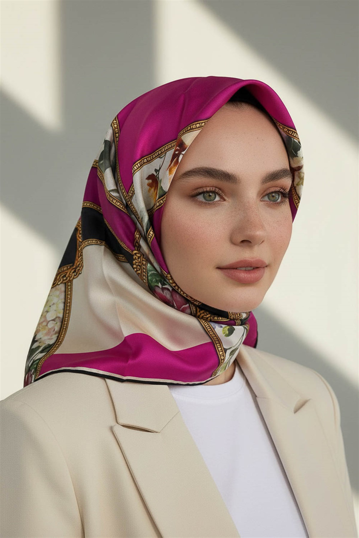100% Twill İpek Şeritli Çiçek Desenli Fuşya - Krem Renkli 90x90 Dikim Şekli : El Dikişi Eşarp