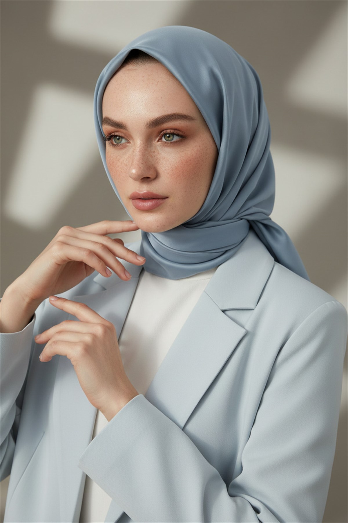 Viskon Twill İpek Az Hatalı Gri Mavi Renkli 90x90 Düz Eşarp Dikim Şekli : El Dikişi