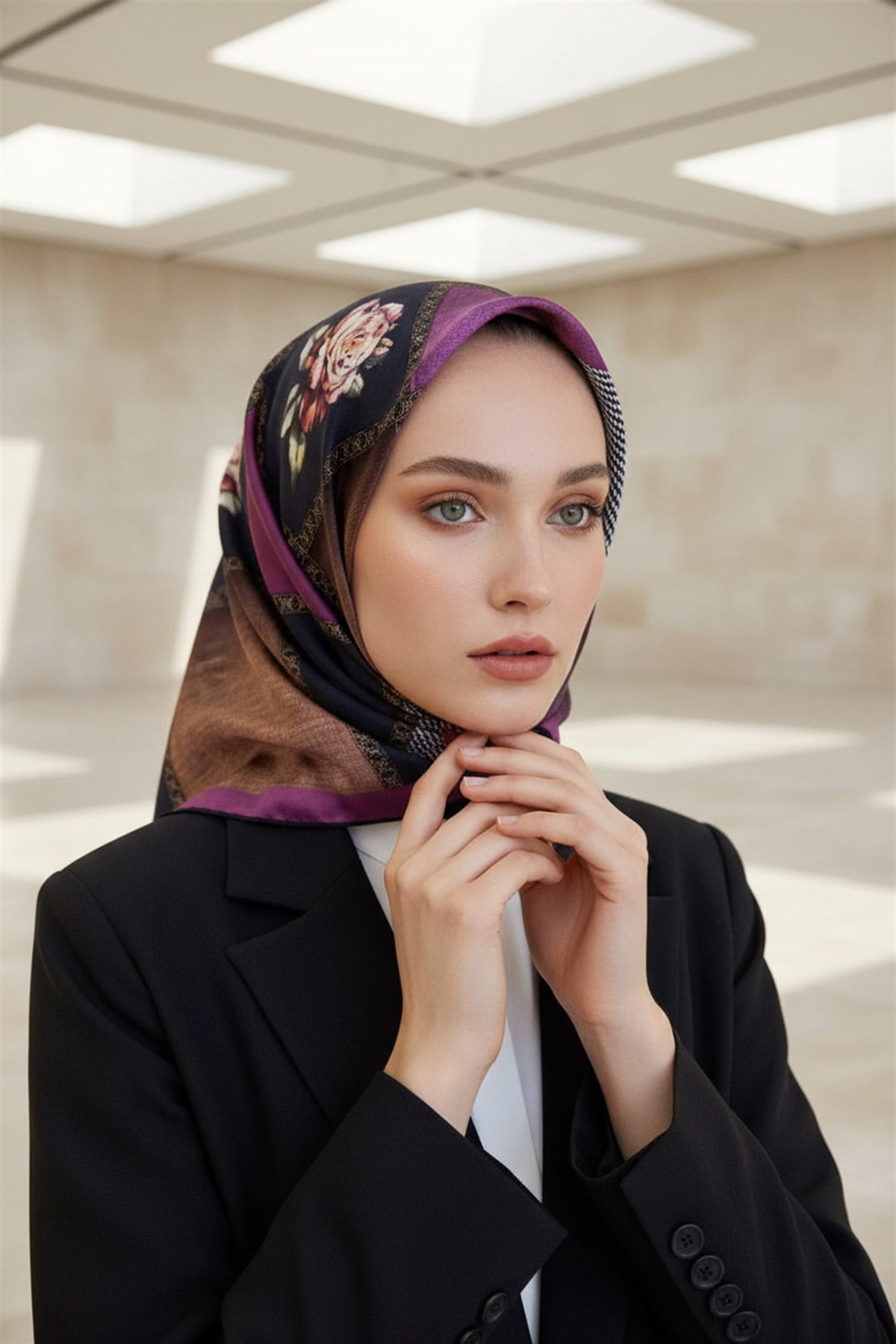 %100 Twill İpek Dokulu Çiçekli Ve Geometrik Desenli Lacivert - Mürdüm Renkli 90x90 Eşarp Dikim Şekli : El Dikişi