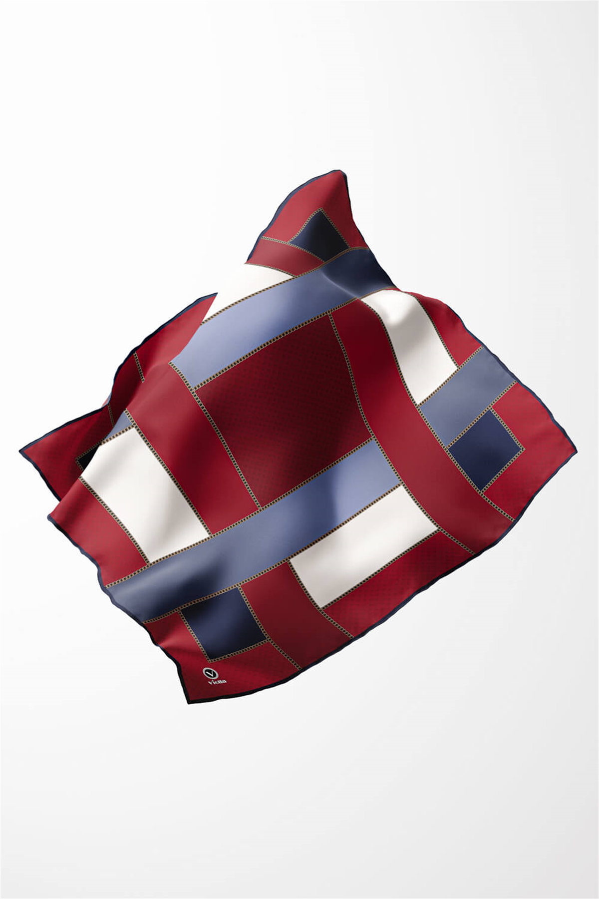 Twill Geometrik Desenli Bordo - Lacivert Renkli 90x90 Eşarp (İpek İçermez) Kenar Dikiş Şekli El Dikişli