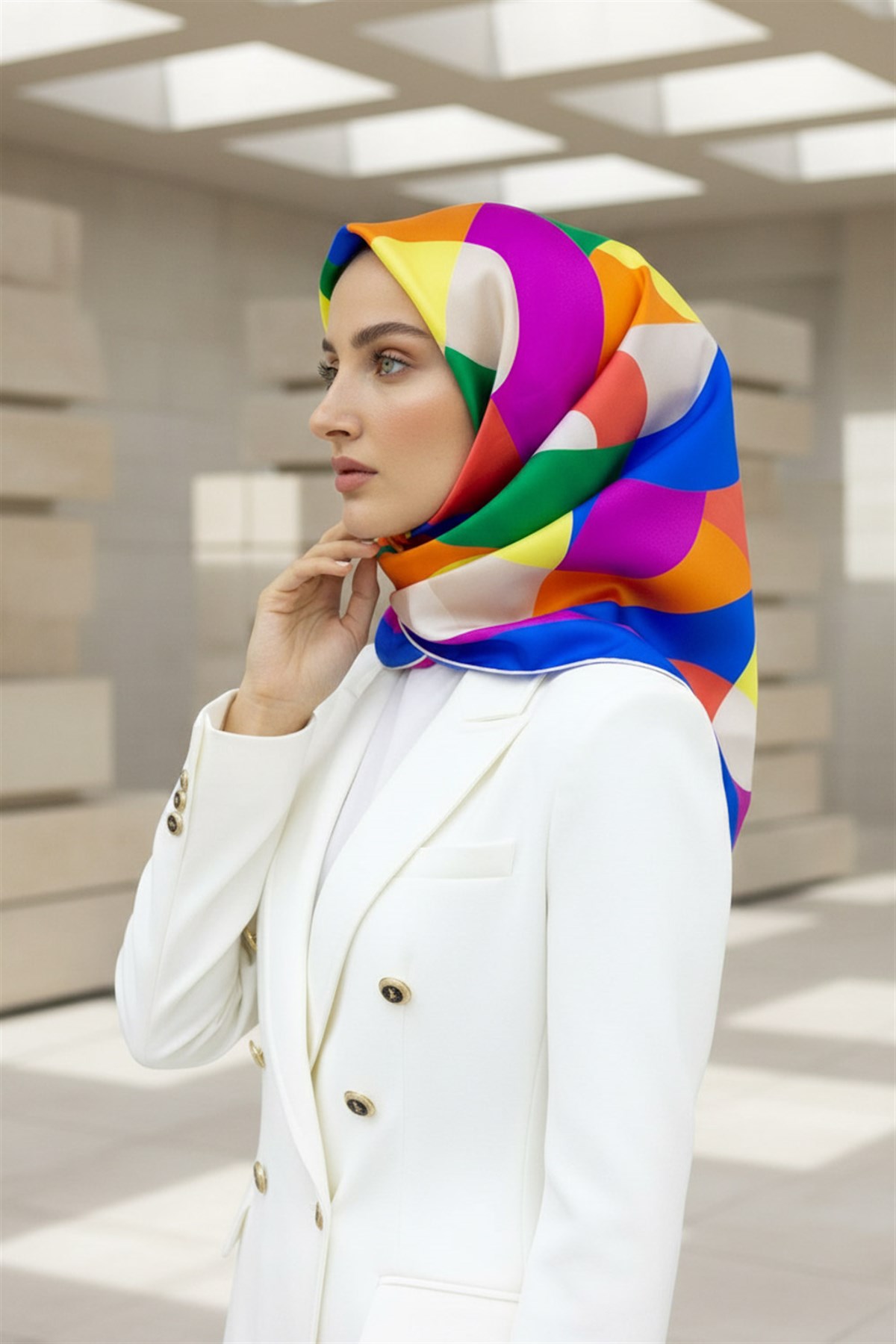 %100 Twill Renk Bloklu Çizgili Desenli Saks - Turuncu Renkli 90x90 Eşarp Dikim Şekli: El Dikişii
