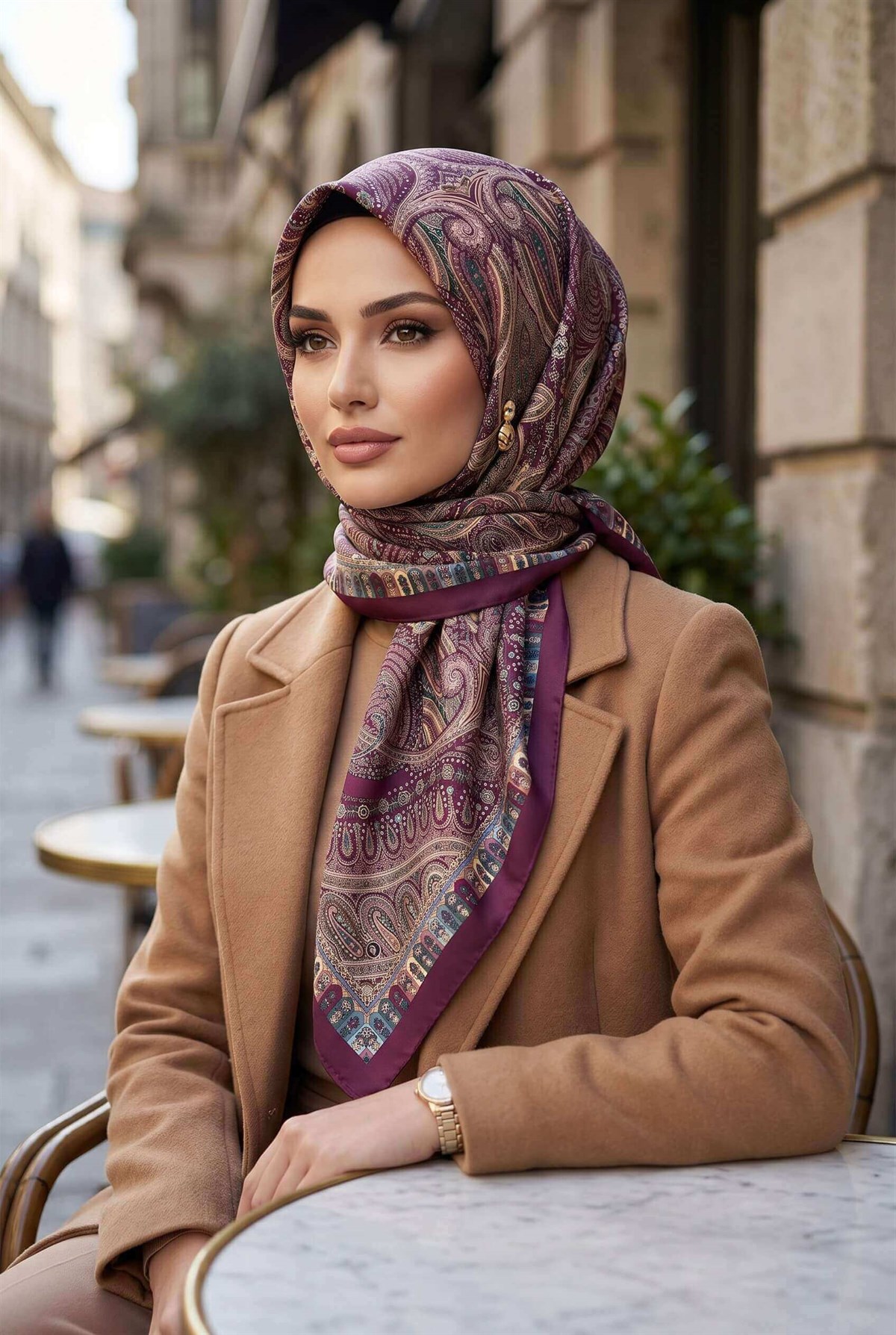 %100 Twill İpek Etro Desenli Mürdüm Renkli 90x90 Eşarp Dikim Şekli : El Dikişi