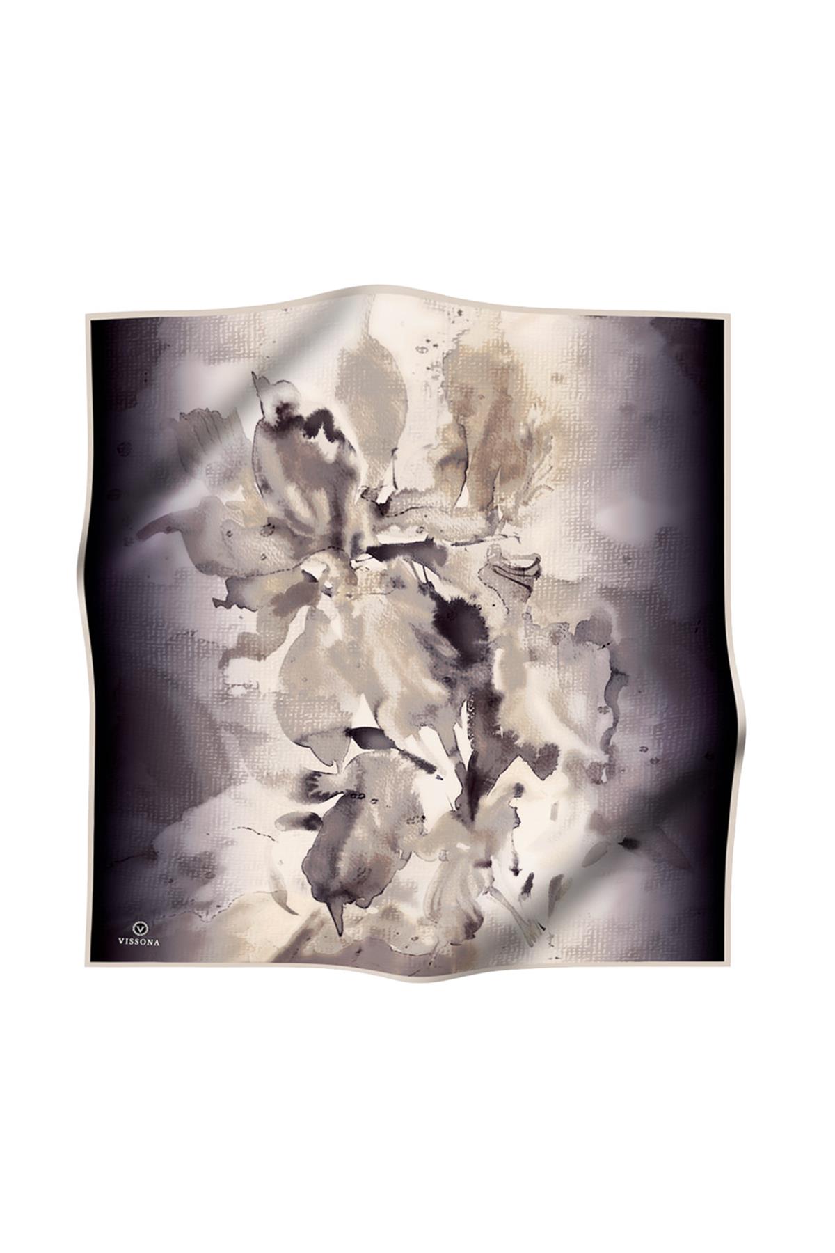 %100 Twill İpek Suluboya Çiçek Desenli Bej - Taş Renkli 90x90 Eşarp Dikim Şekli : El Dikişi