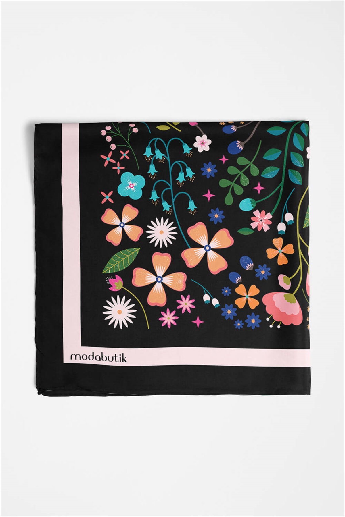 Kadın Siyah Pembe Çiçek Desenli 50x50 Bandana HYL DG01696-22