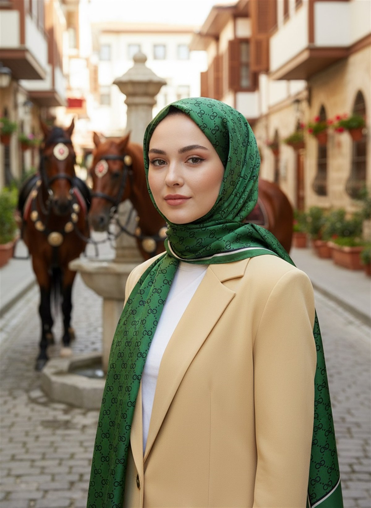%100 İpek Minik Motif Desenli Zümrüt Yeşili Renkli 92x210 Şal