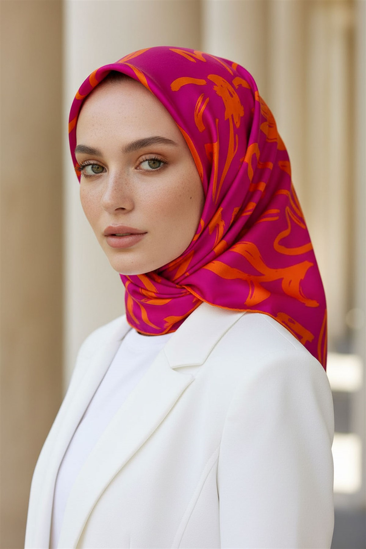% 57 İPEK % 43 VİSKON Twill İpek Büyük Çiçek Desenli Fuşya - Turuncu Renkli 90x90 Eşarp Dikim Şekli : El Dikişi