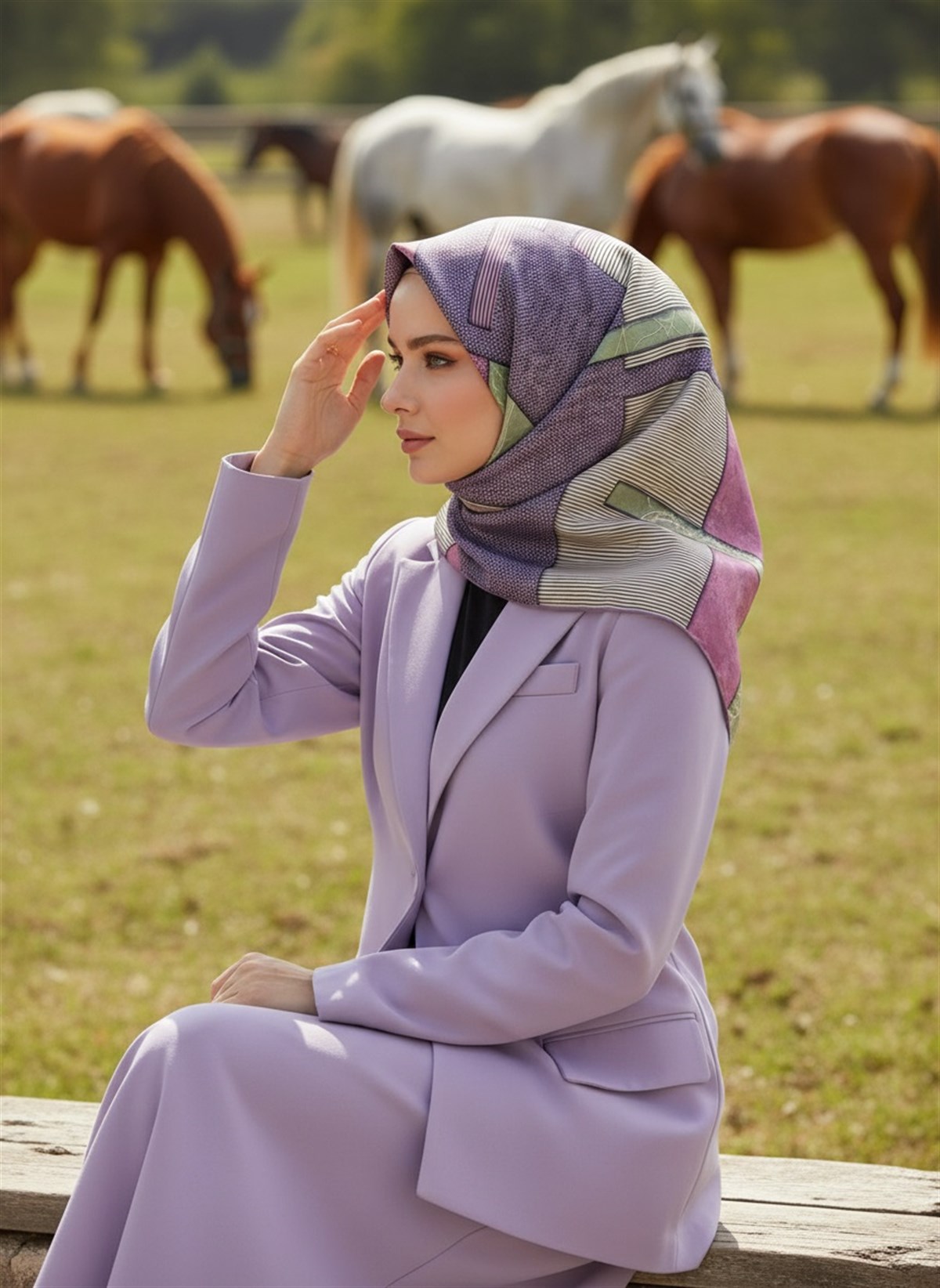 %100 Twill İpek Geometrik Desenli Lila Renkli 90x90 Eşarp Dikim Şekli : El Dikişi
