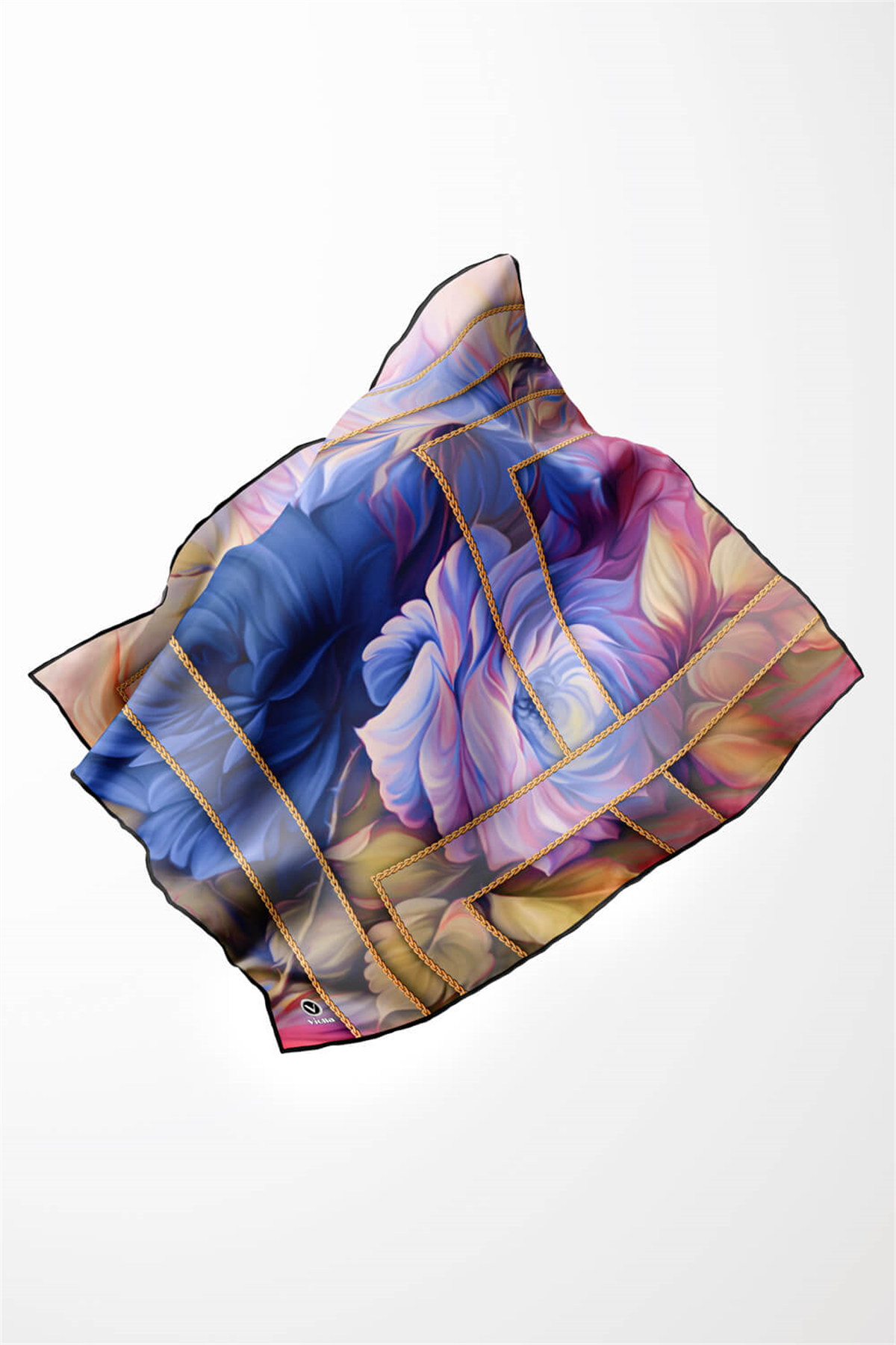 Twill Gül Desenli Saks - Pembe Renkli 90x90 Eşarp (İpek İçermez) Kenar Dikiş Şekli El Dikişli