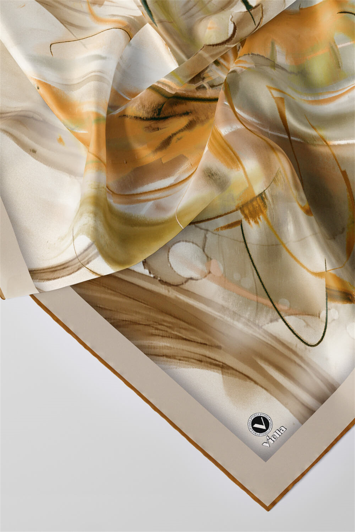 Twill Çiçek Tablo Desenli Hardal Renkli 90x90 Eşarp (İpek İçermez) Kenar Dikiş Şekli El Dikişli