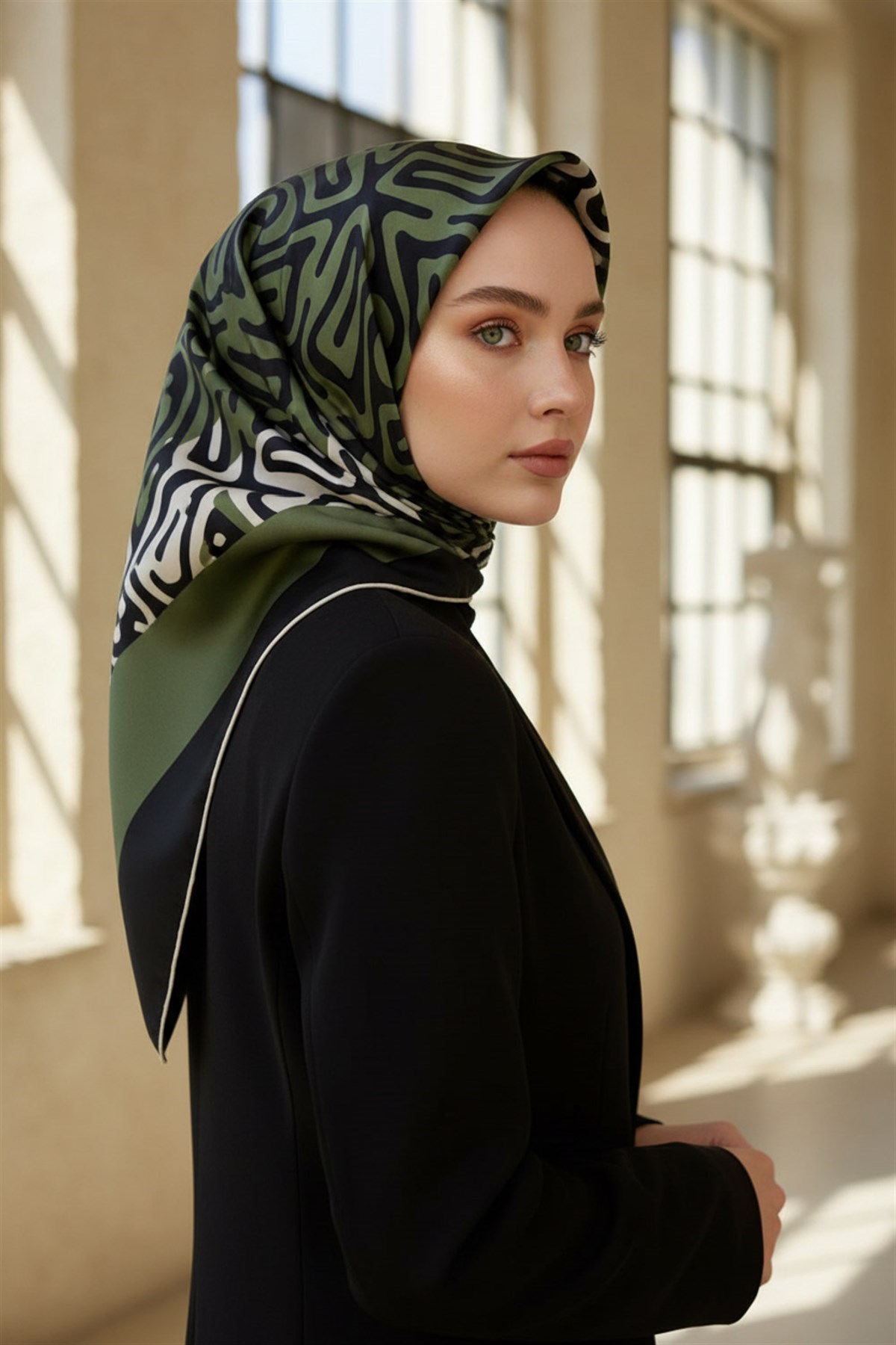 100% Twill İpek Bordürlü Dalga Desenli Siyah - Haki Renkli 90x90 Dikim Şekli : El Dikişi Eşarp