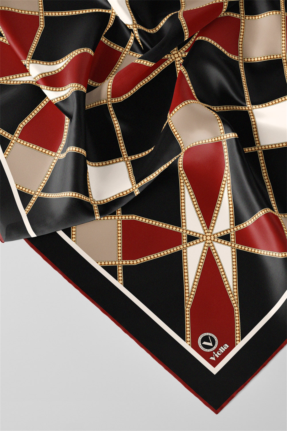 Twill Gold Detaylı Geometrik Çiçekli Desenli Bordo Renkli 90x90 Eşarp (İpek İçermez) Kenar Dikiş Şekli El Dikişli