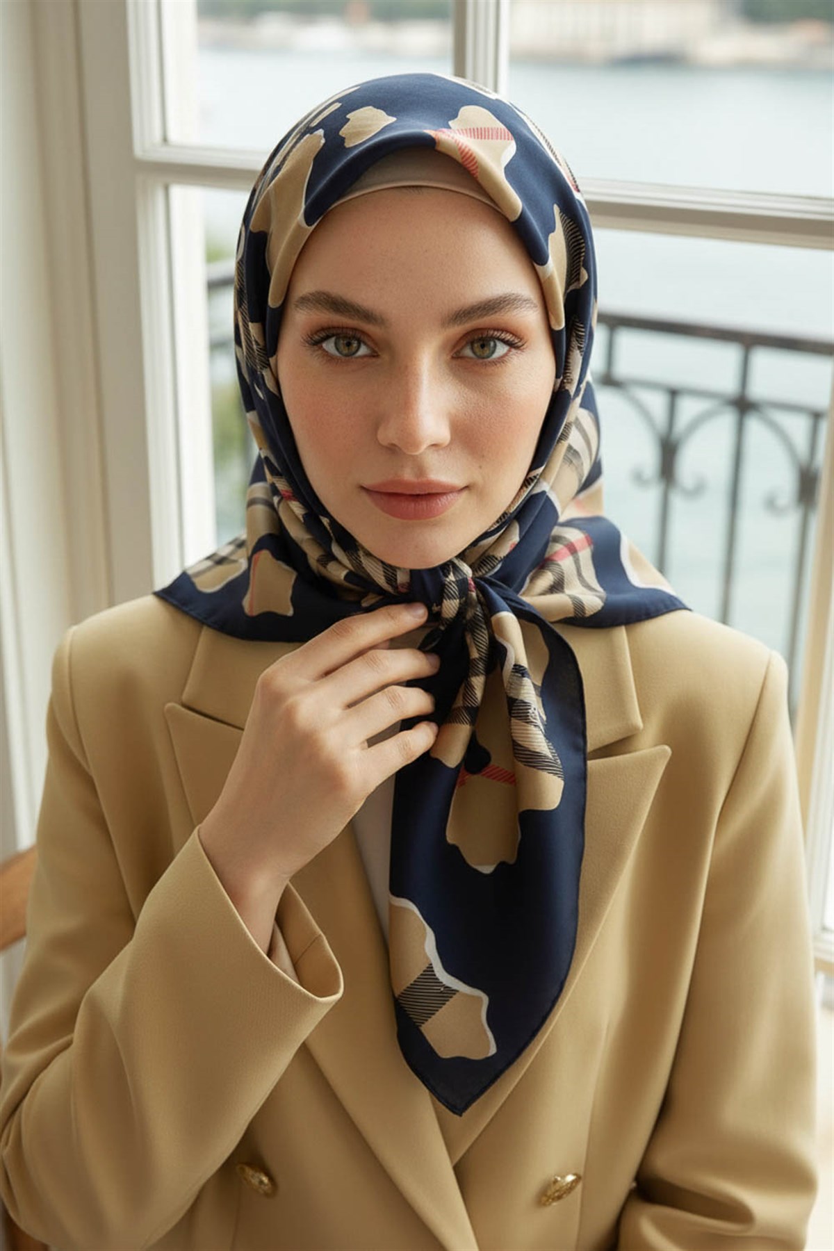 %100 Twill İpek Leopar Desenli Lacivert - Bej Renkli 90x90 Eşarp Dikim Şekli : El Dikişi
